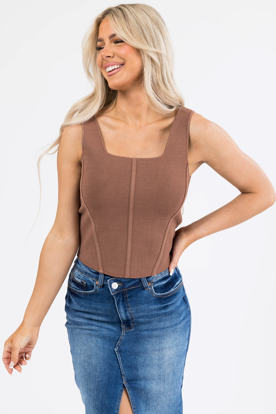 Coffee Square Neck Thick Sleeveless Crop Top