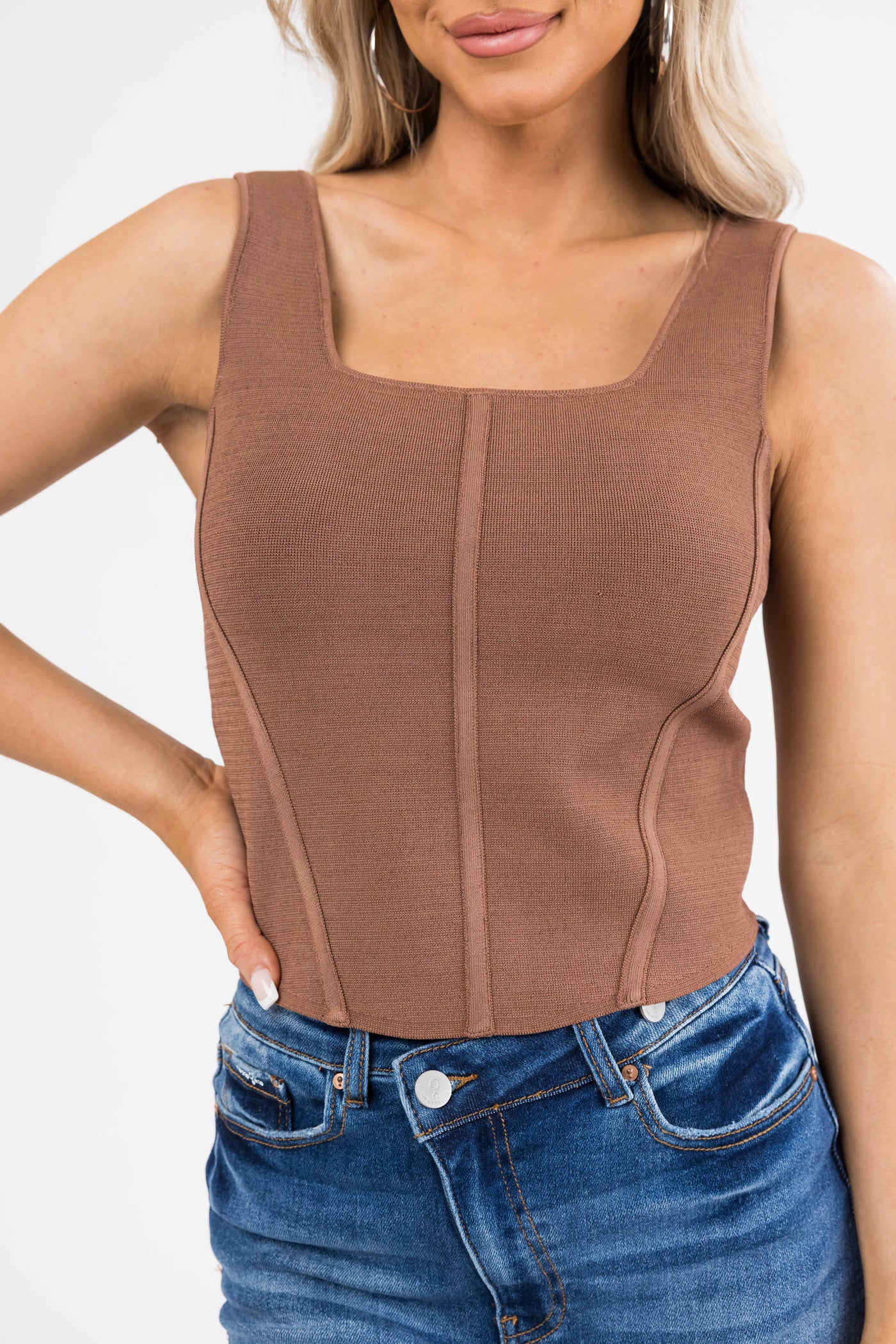 Coffee Square Neck Thick Sleeveless Crop Top