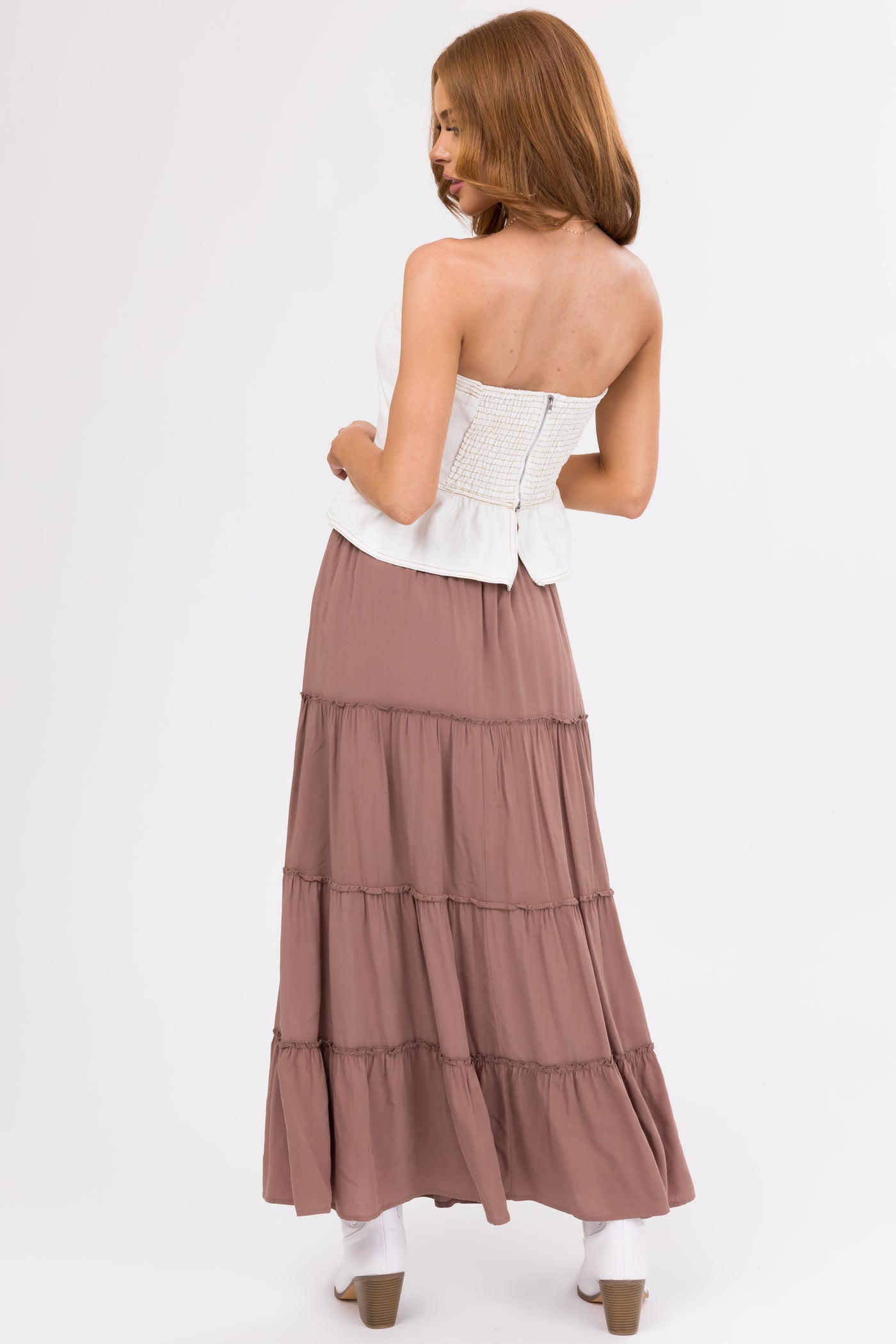 Coffee Tiered Elastic Waist Woven Maxi Skirt