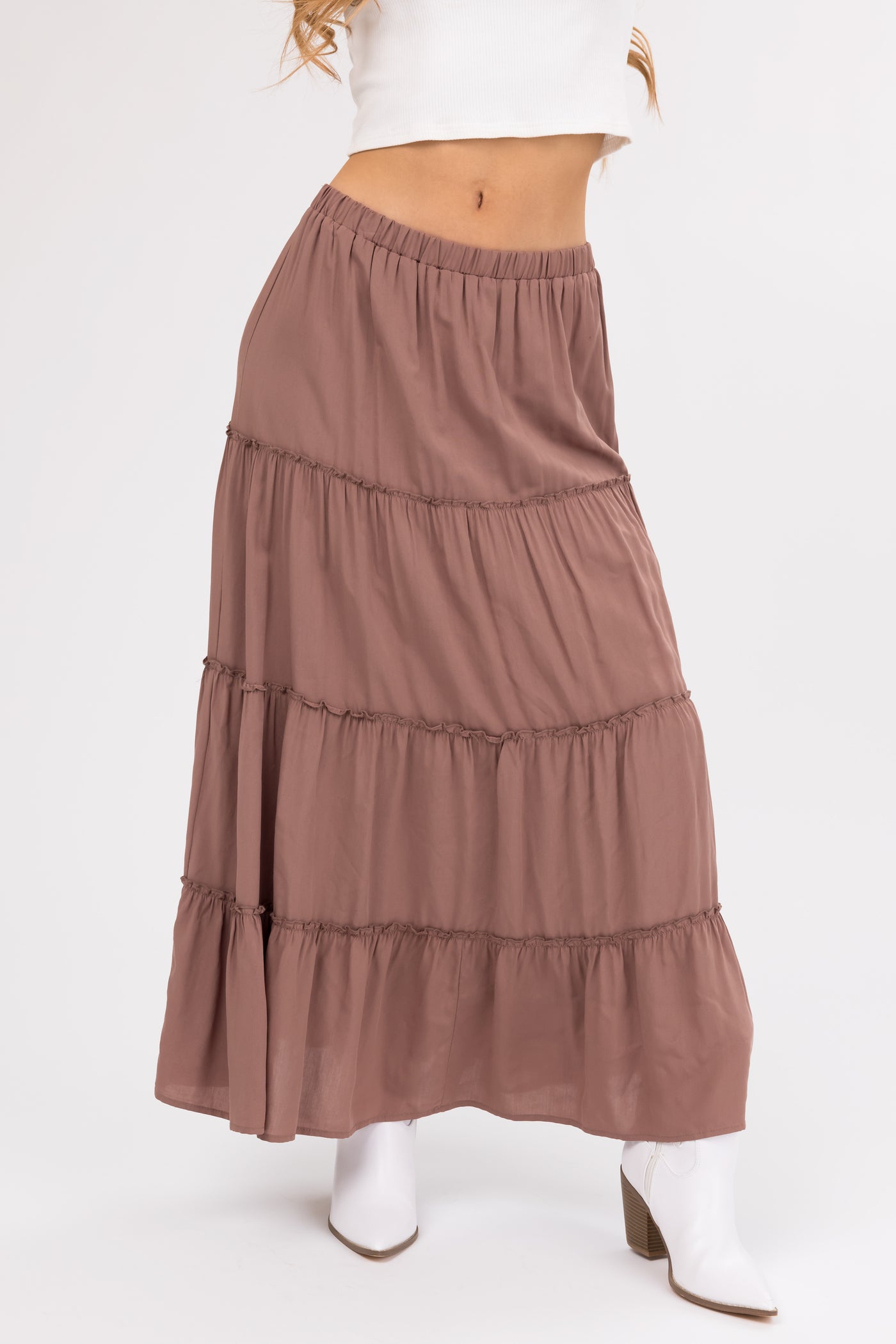 Coffee Tiered Elastic Waist Woven Maxi Skirt