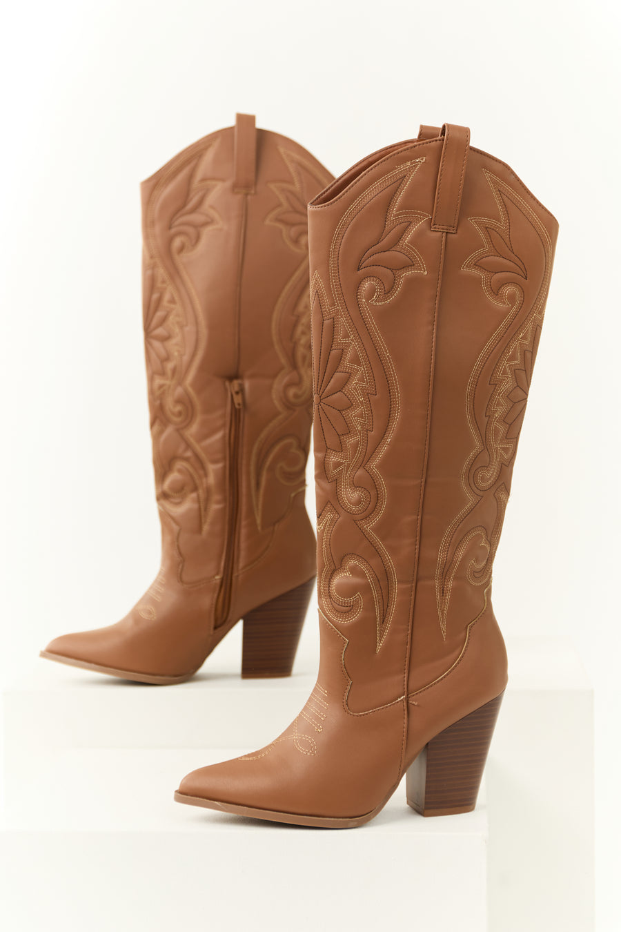 Cognac Knee High Embroidered Western Boots | Lime Lush Boutique