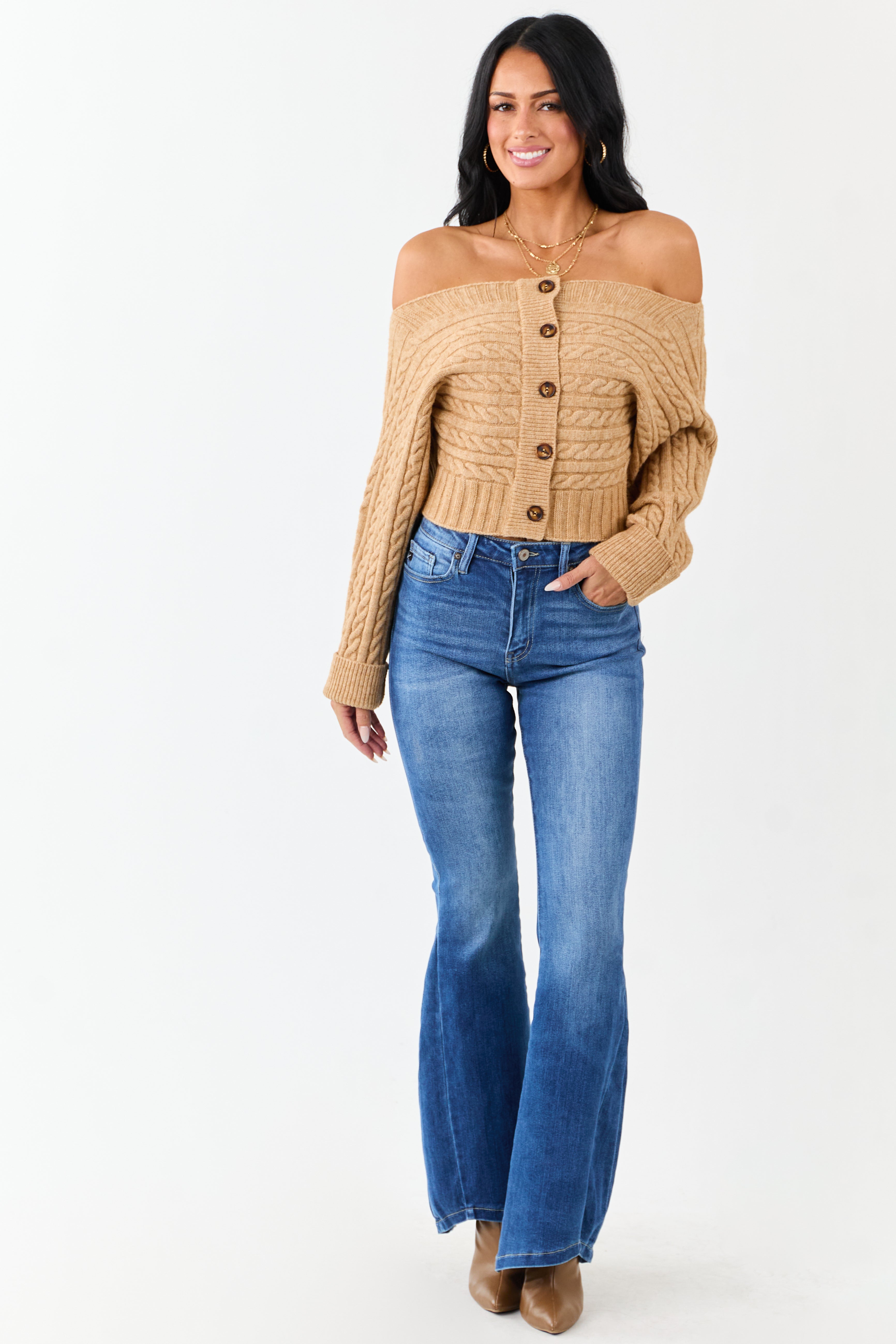 Copper Cable Knit Boatneck Cropped Cardigan