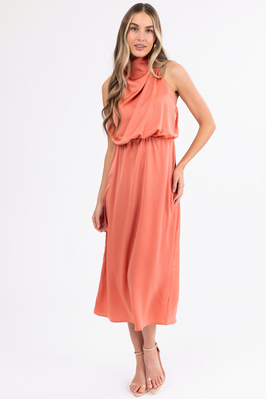 Coral Satin Halter Sleeveless Midi Dress Coral Satin Halter Sleeveless Midi Dress