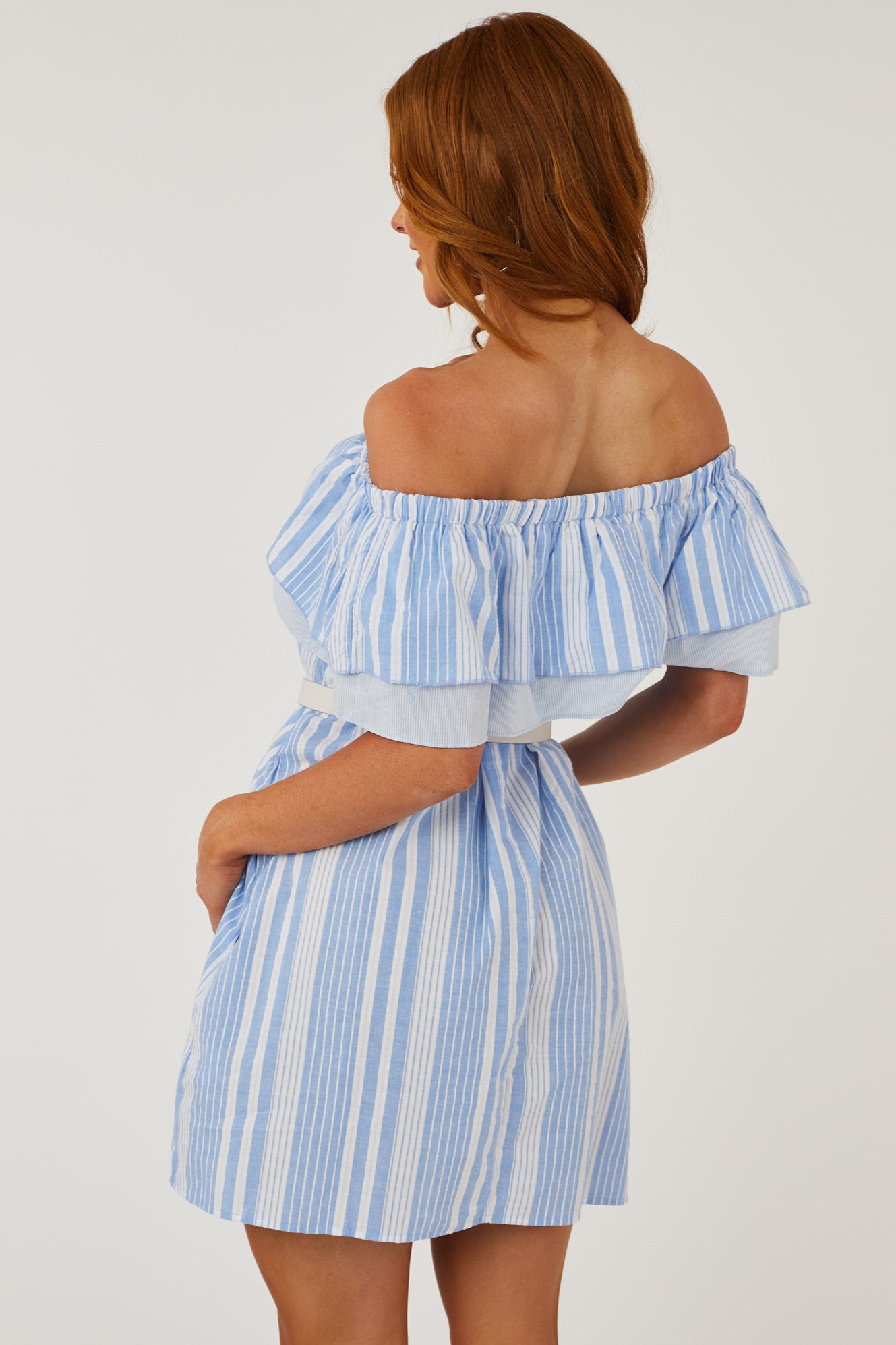 Cornflower Striped Ruffle Off the Shoulder Dress