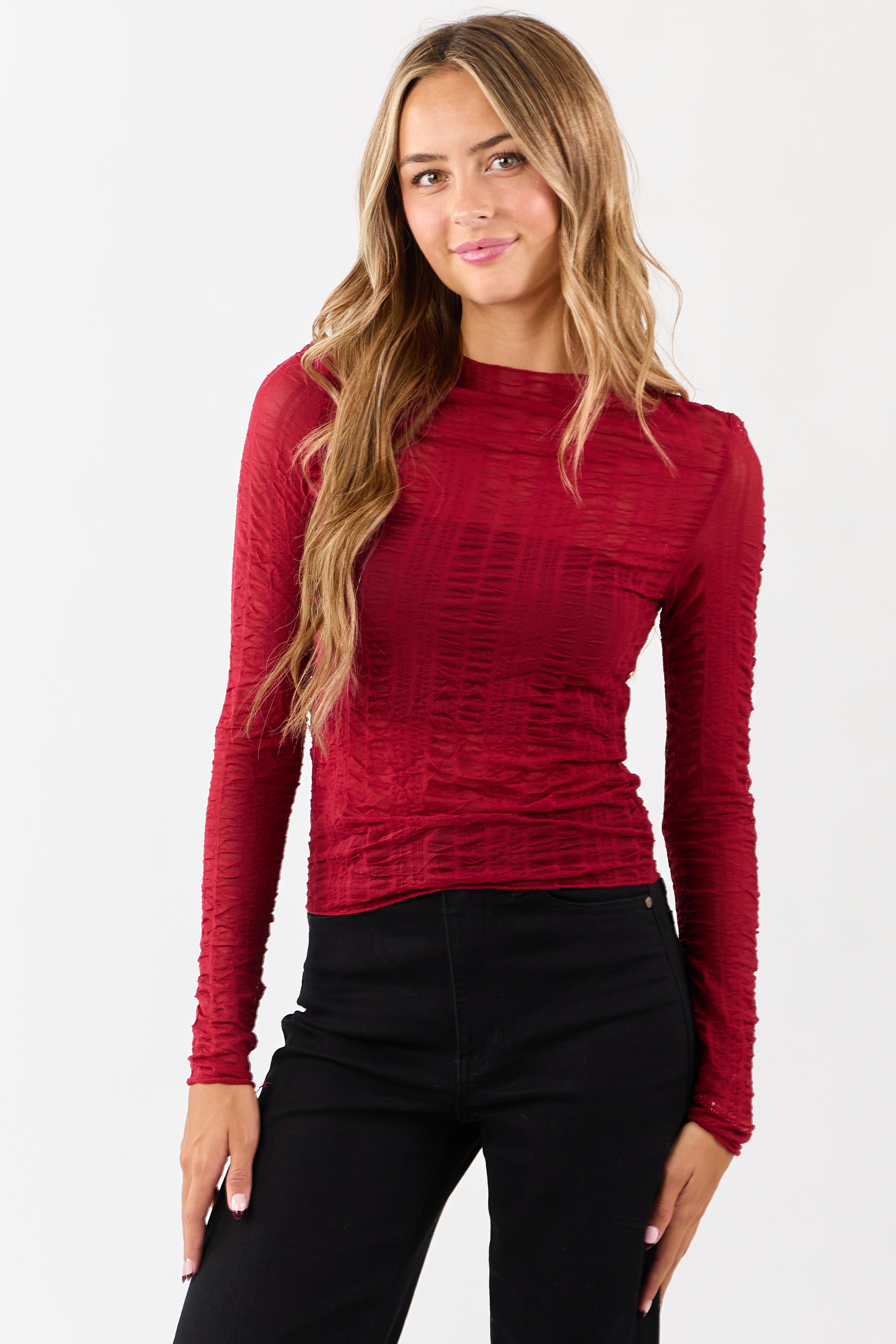 Cranberry Sheer Mesh Textured Long Sleeve Top | Lime Lush Boutique