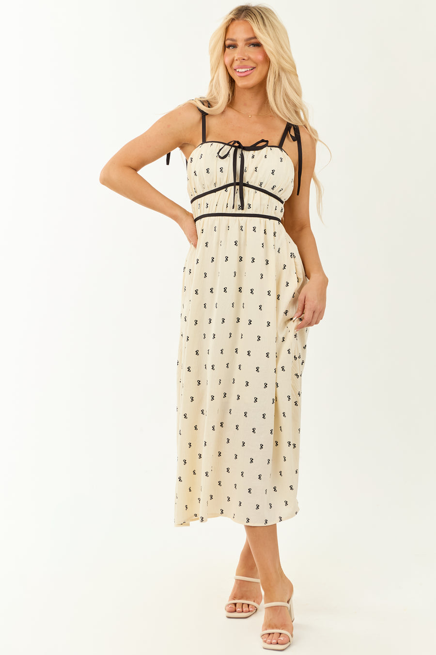 Cream Bow Print Sleeveless Tie Strap Midi Dress | Lime Lush Boutique Cream Bow Print Sleeveless Tie Strap Midi Dress | Lime Lush Boutique