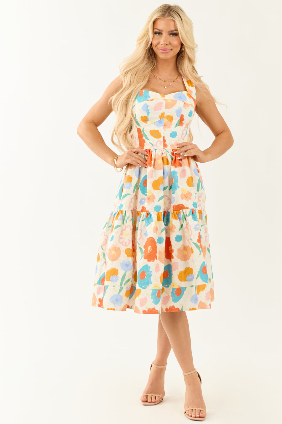 Cream Colorful Floral Print Sleeveless Midi Dress Cream Colorful Floral Print Sleeveless Midi Dress