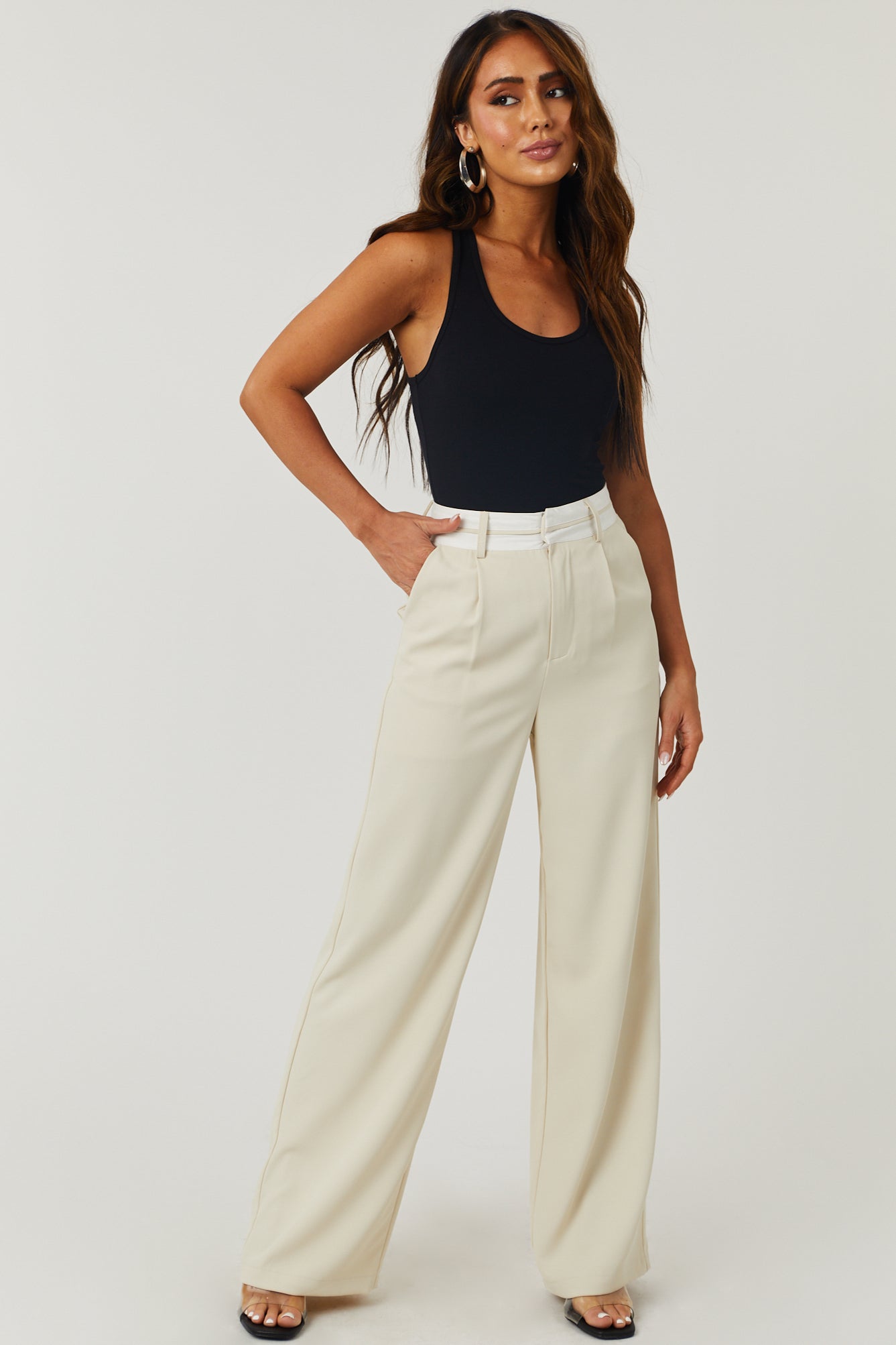 Beige Wide Leg Trousers With Reversed Waistband, BLUZAT