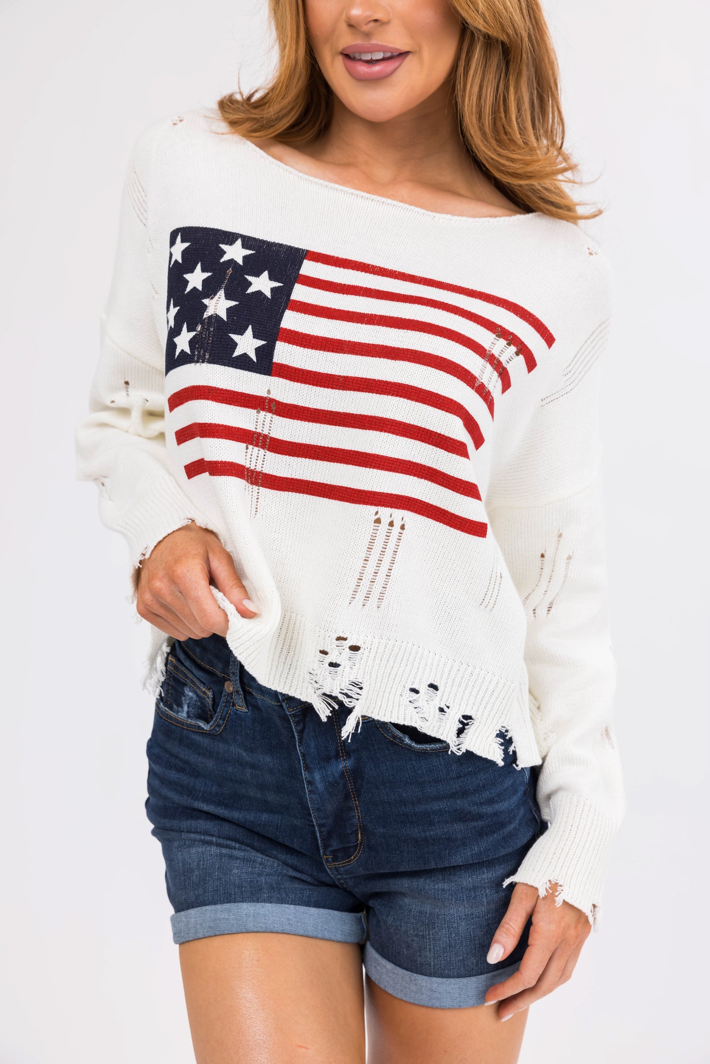 Cream Distressed American Flag Print Sweater