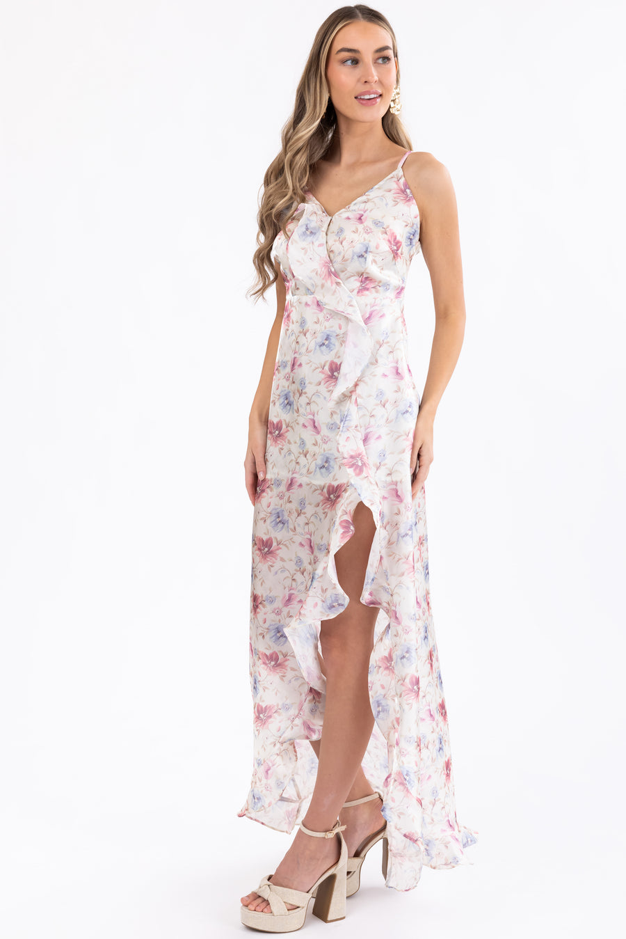 Cream Floral Print Front Slit Satin Maxi Dress