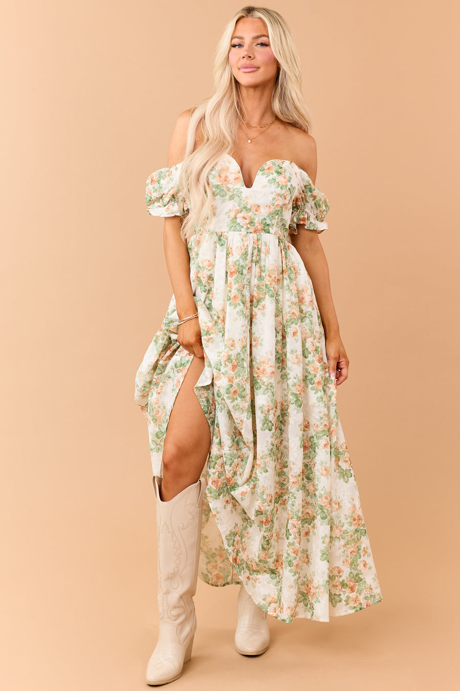 Cream Floral Print Puff Sleeve Sweetheart Maxi Dress | Lime Lush Boutique Cream Floral Print Puff Sleeve Sweetheart Maxi Dress | Lime Lush Boutique