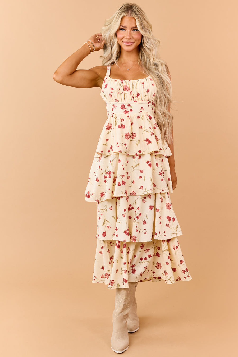 Cream Floral Print Tiered Ruffle Midi Dress