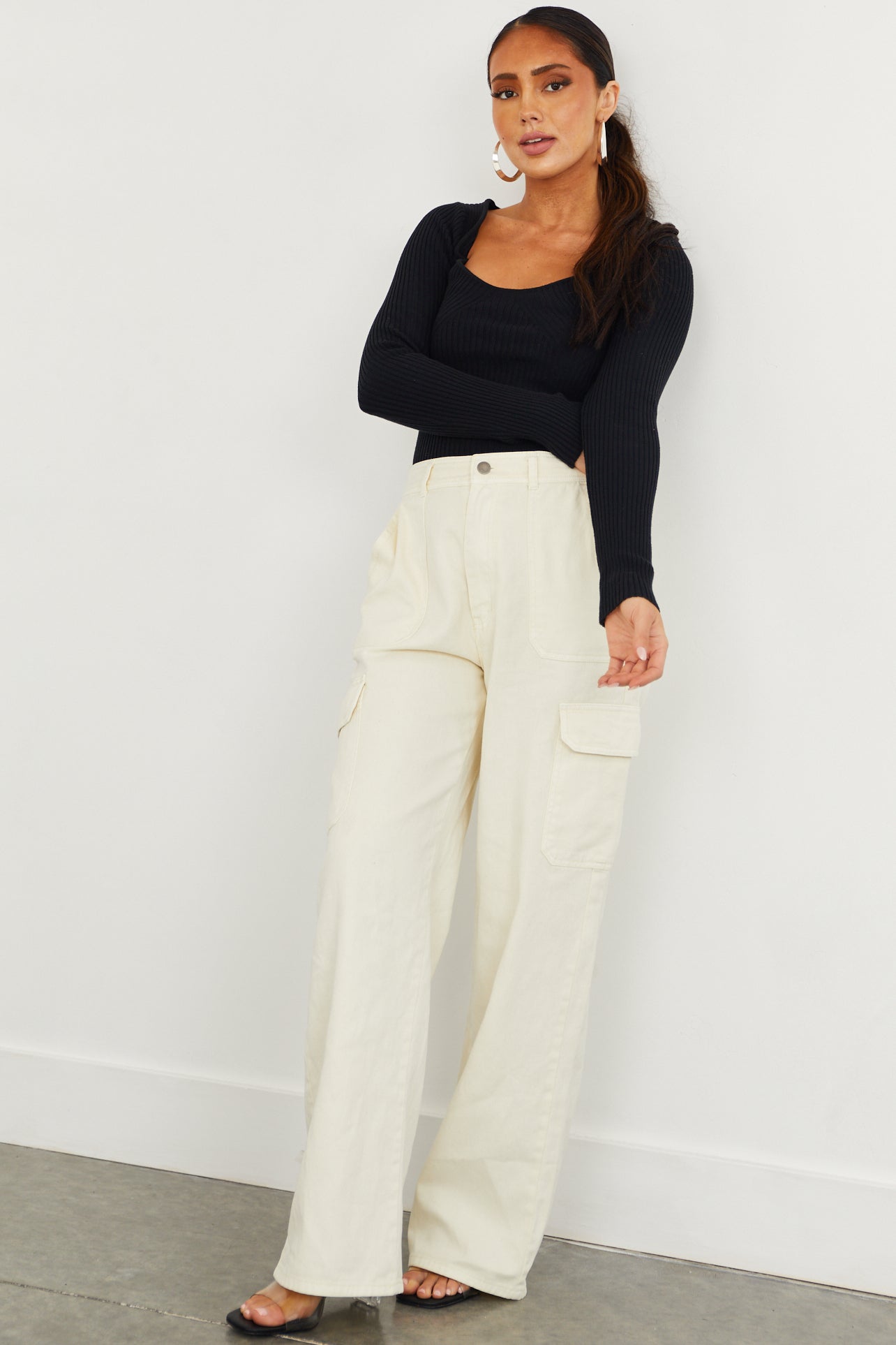 HYFVE Cream High Waisted Cargo Jeans Lime Lush Boutique