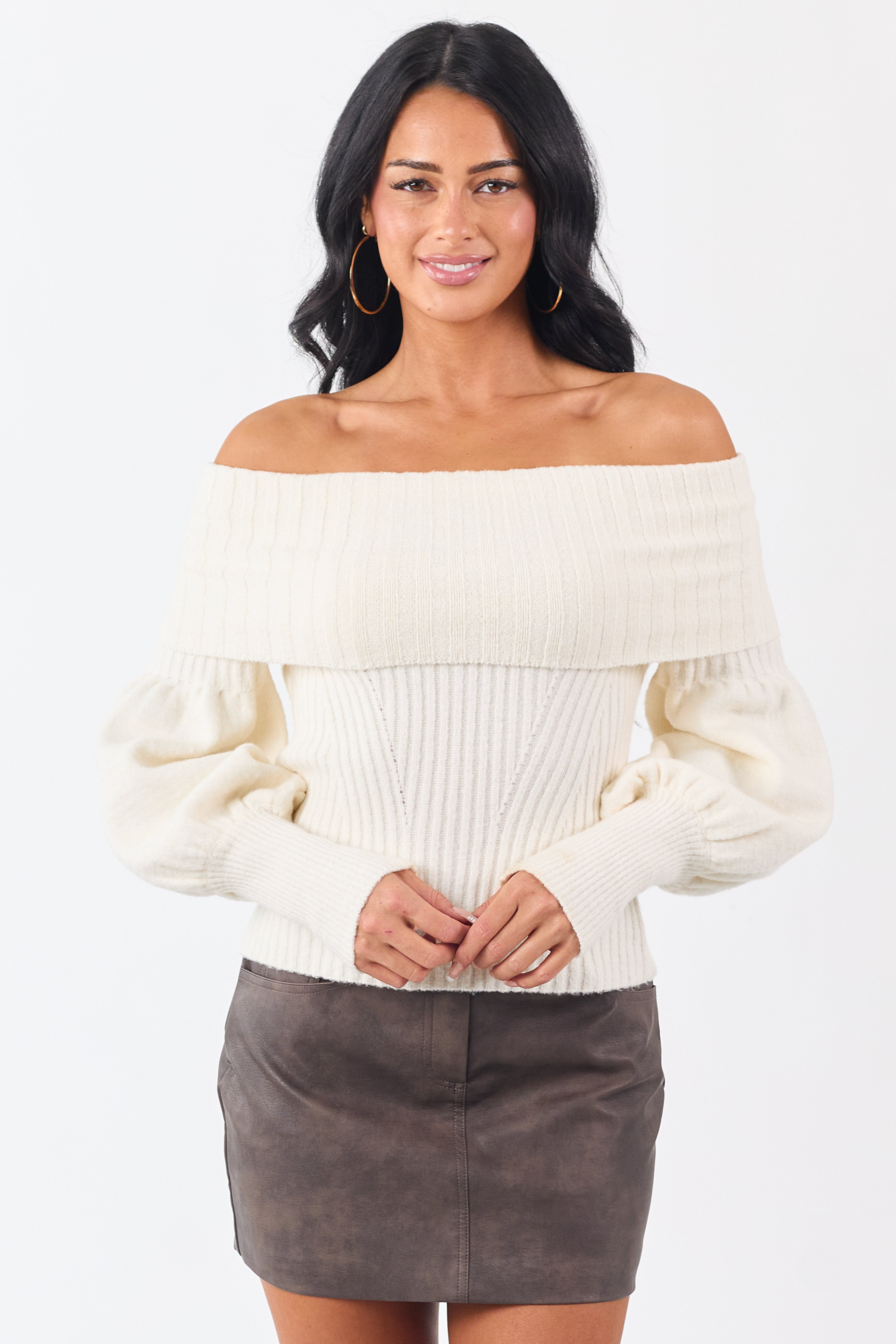 Cream Off Shoulder Long Puff Sleeve Sweater | Lime Lush Boutique