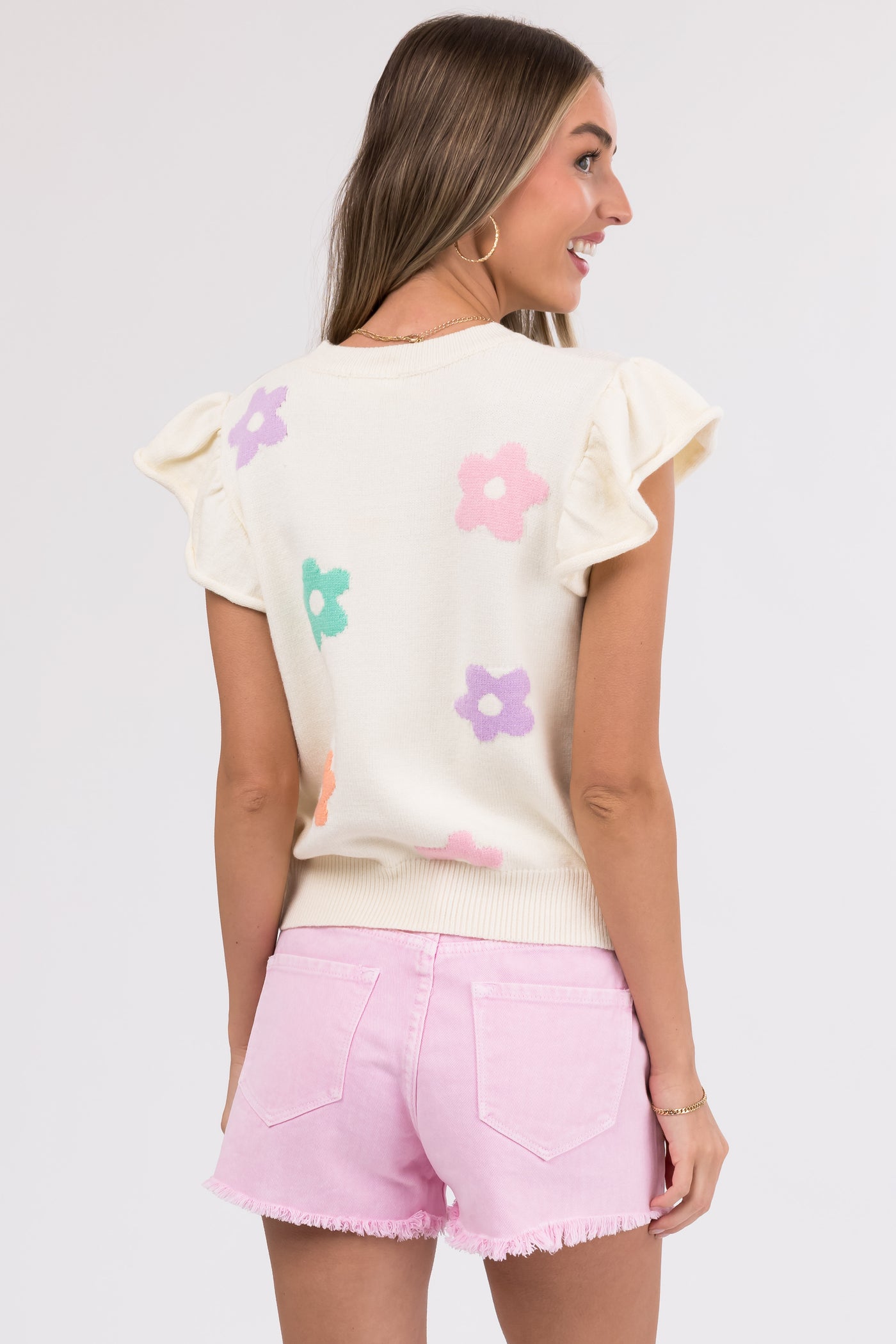Cream Pastel Flower Print Short Sleeve Sweater Top
