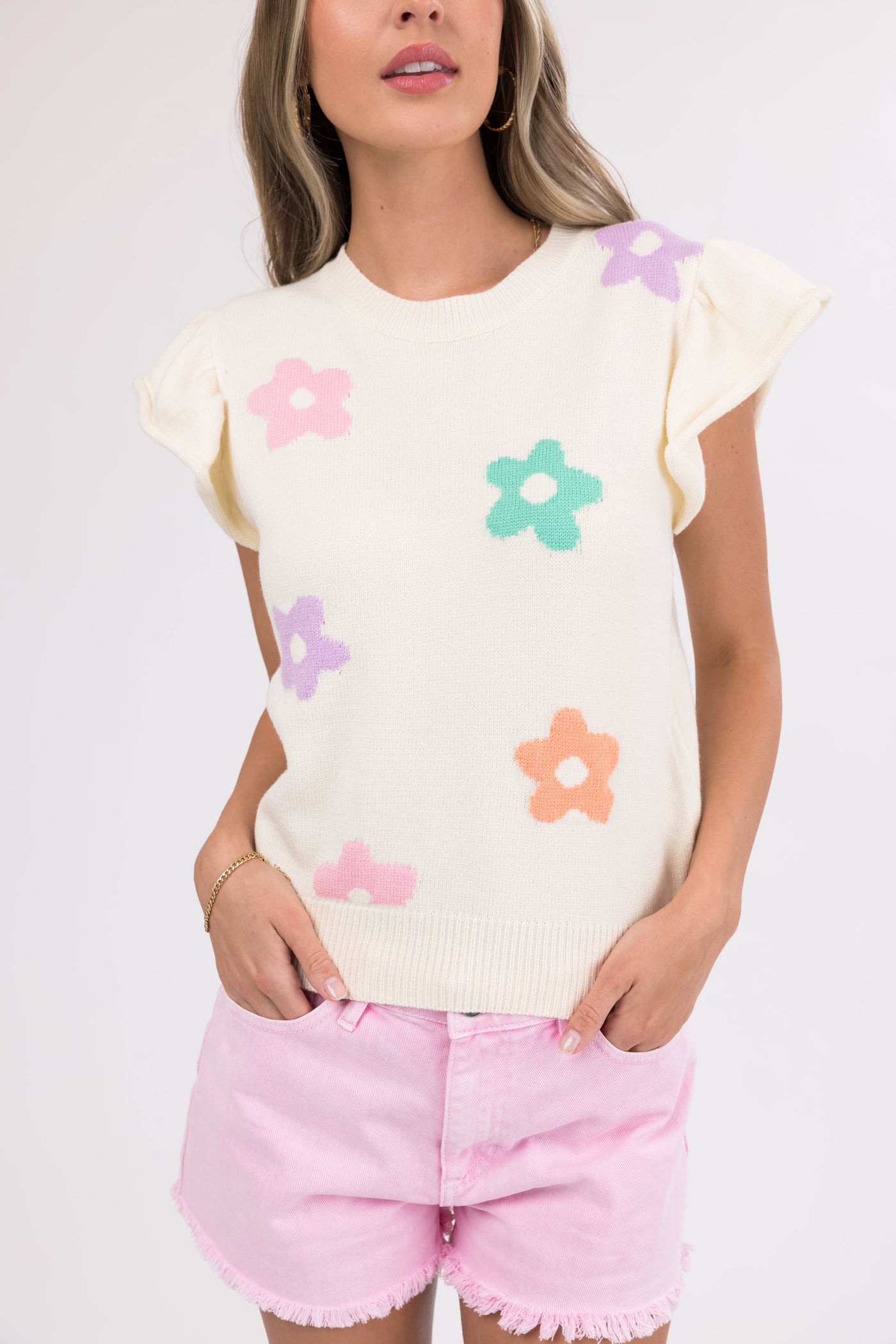 Cream Pastel Flower Print Short Sleeve Sweater Top