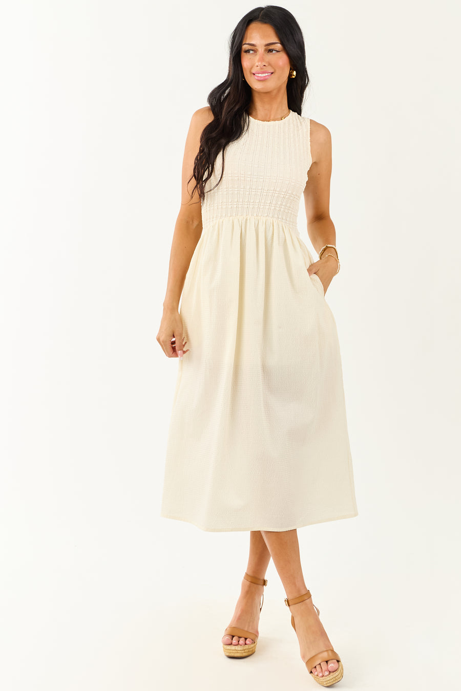 Cream Textured Bodice Contrast Skirt Midi Dress | Lime Lush Boutique Cream Textured Bodice Contrast Skirt Midi Dress | Lime Lush Boutique