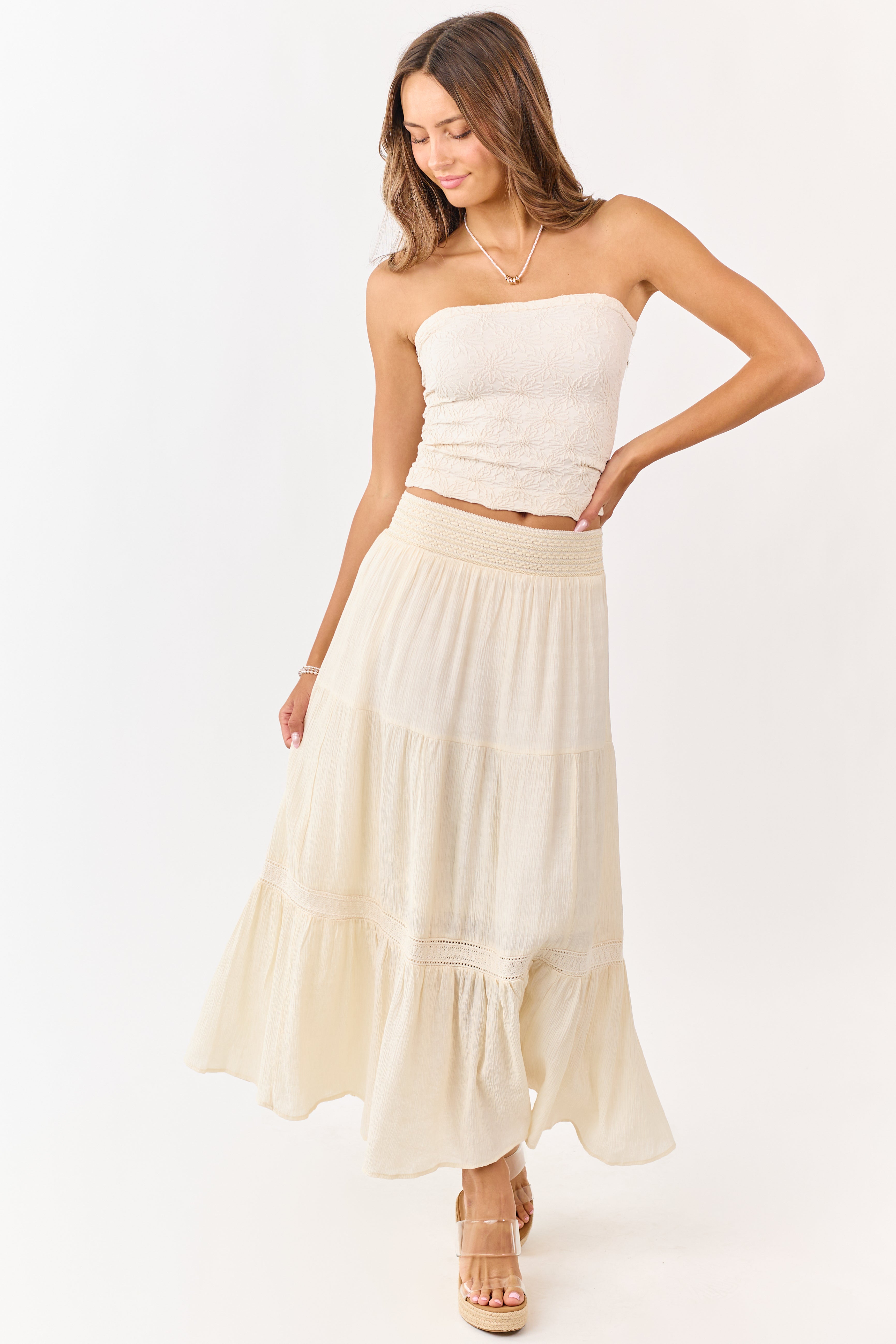 Cream Tiered Smocked Waistband Midi Skirt | Lime Lush Boutique