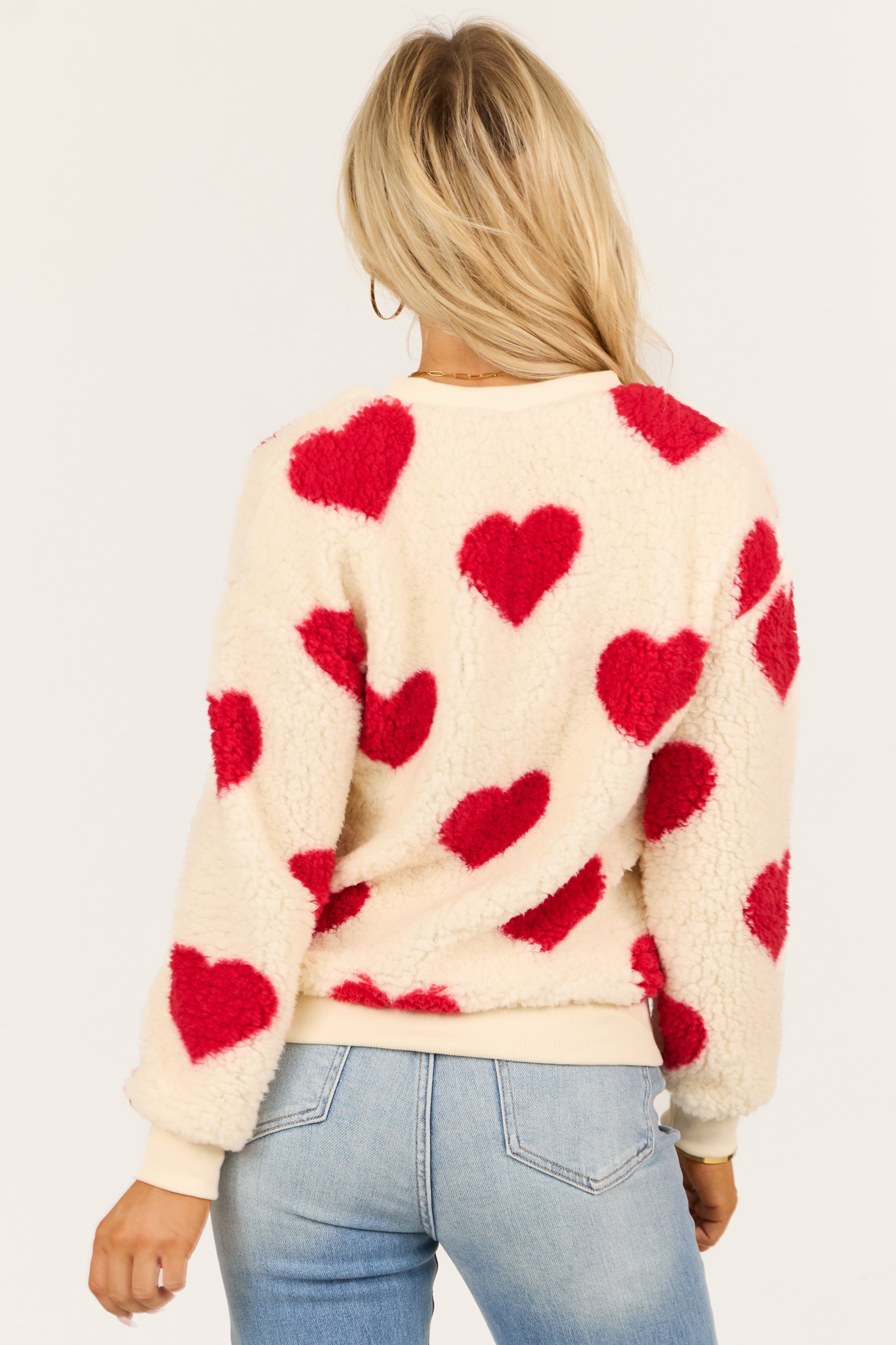 Cream and Ruby Heart Pattern Sherpa Sweatshirt