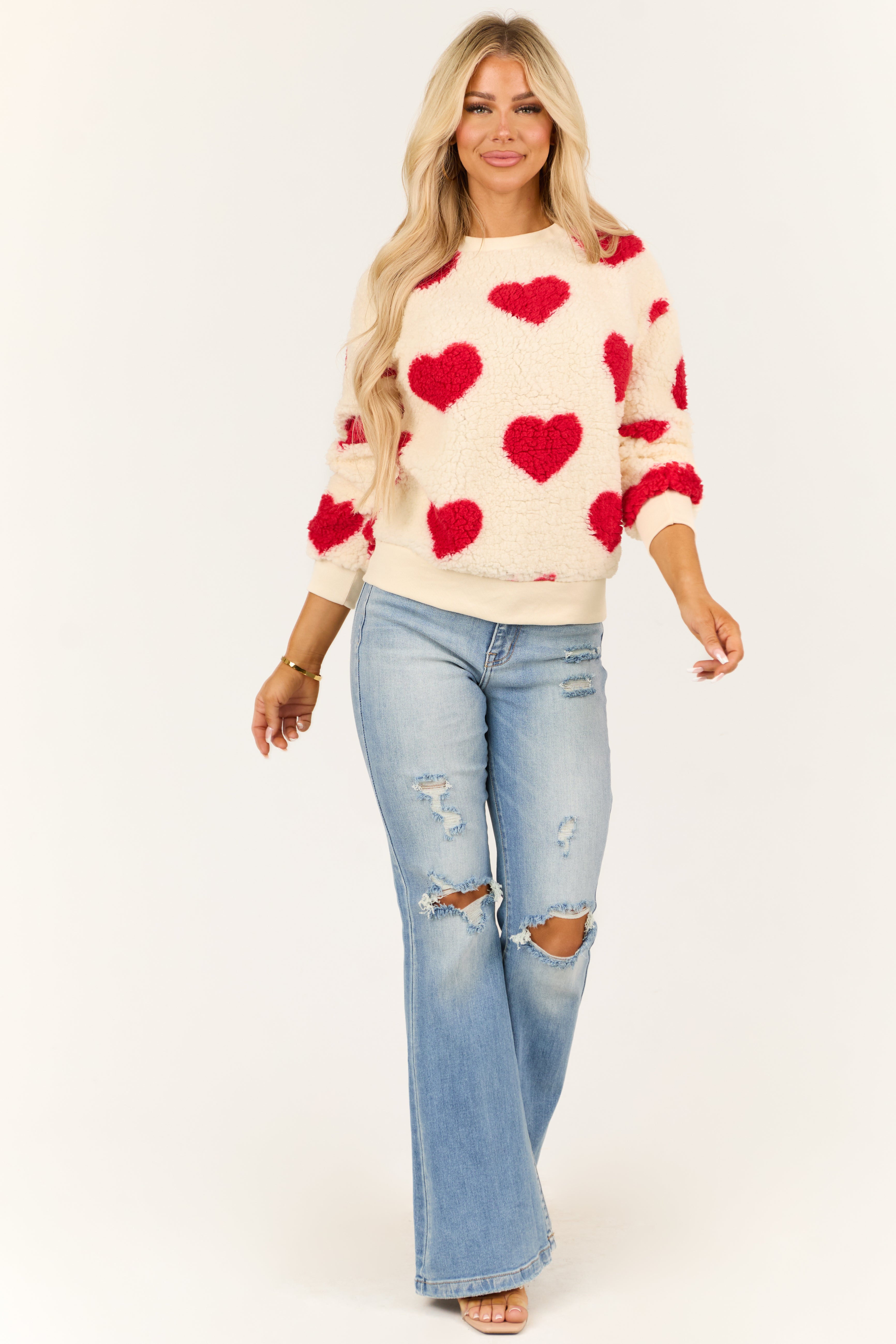 Cream and Ruby Heart Pattern Sherpa Sweatshirt