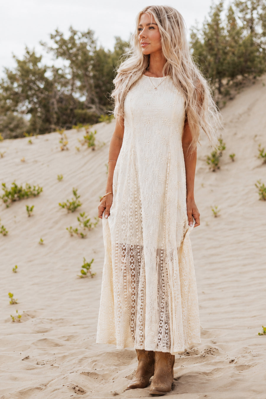 Cream Eyelet Lace Embroidered Sleeveless Maxi Dress