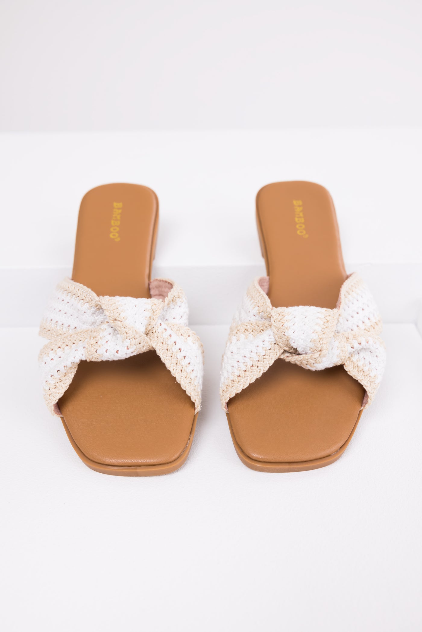 Cream Knit Strap Open Toe Flat Sandals