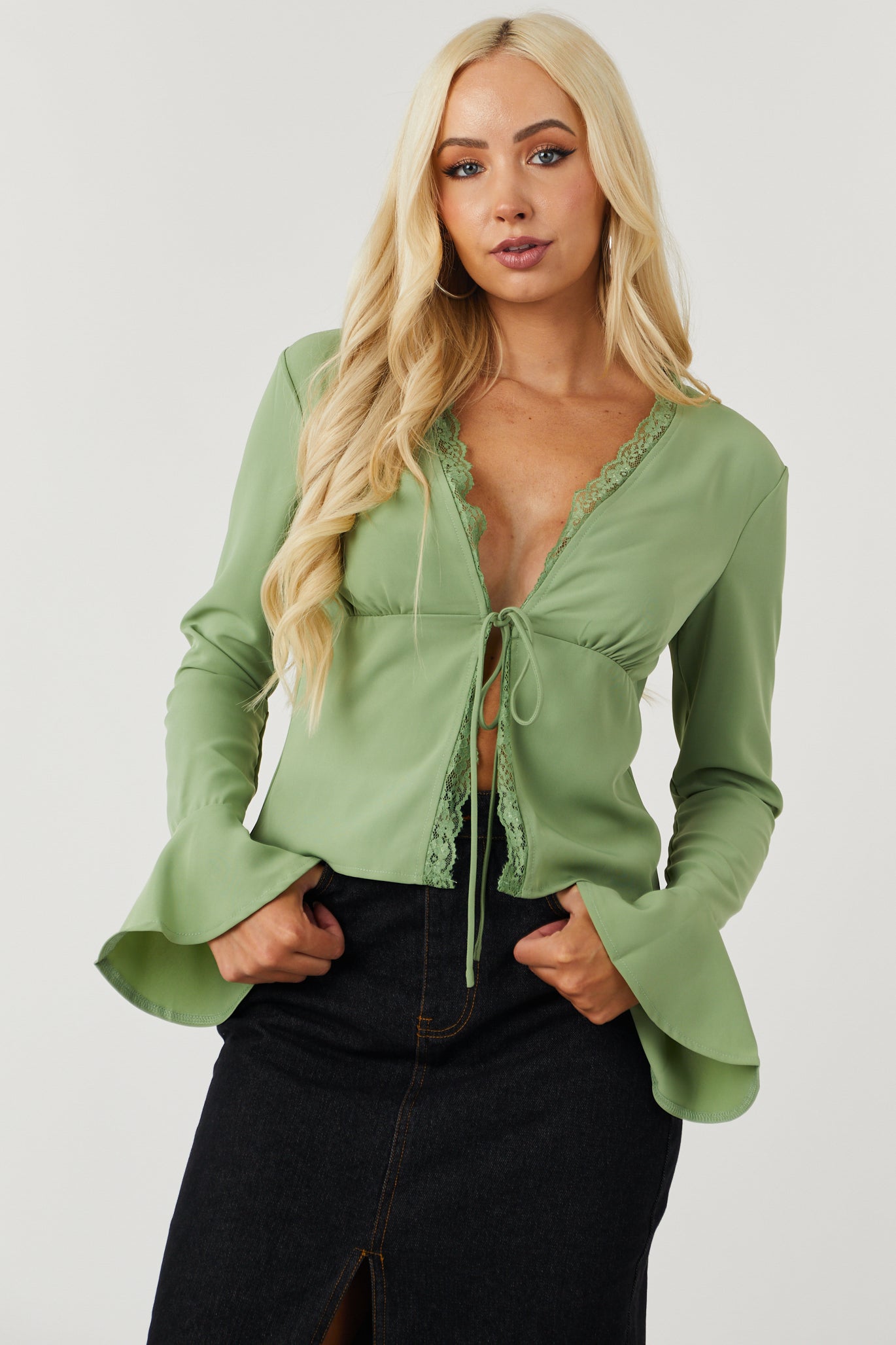 medarbejder skade Installation Deep Pistachio Long Sleeve Lace Trim Front Tie Top | Lime Lush