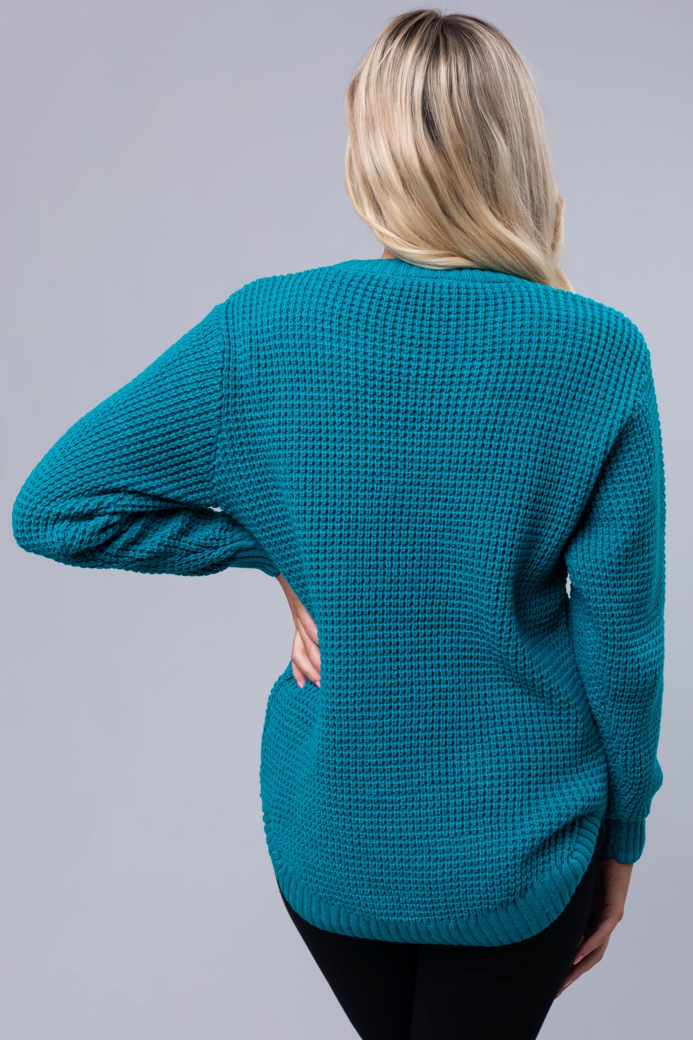 Deep Teal Thick Waffle Knit Curved Hem Sweater