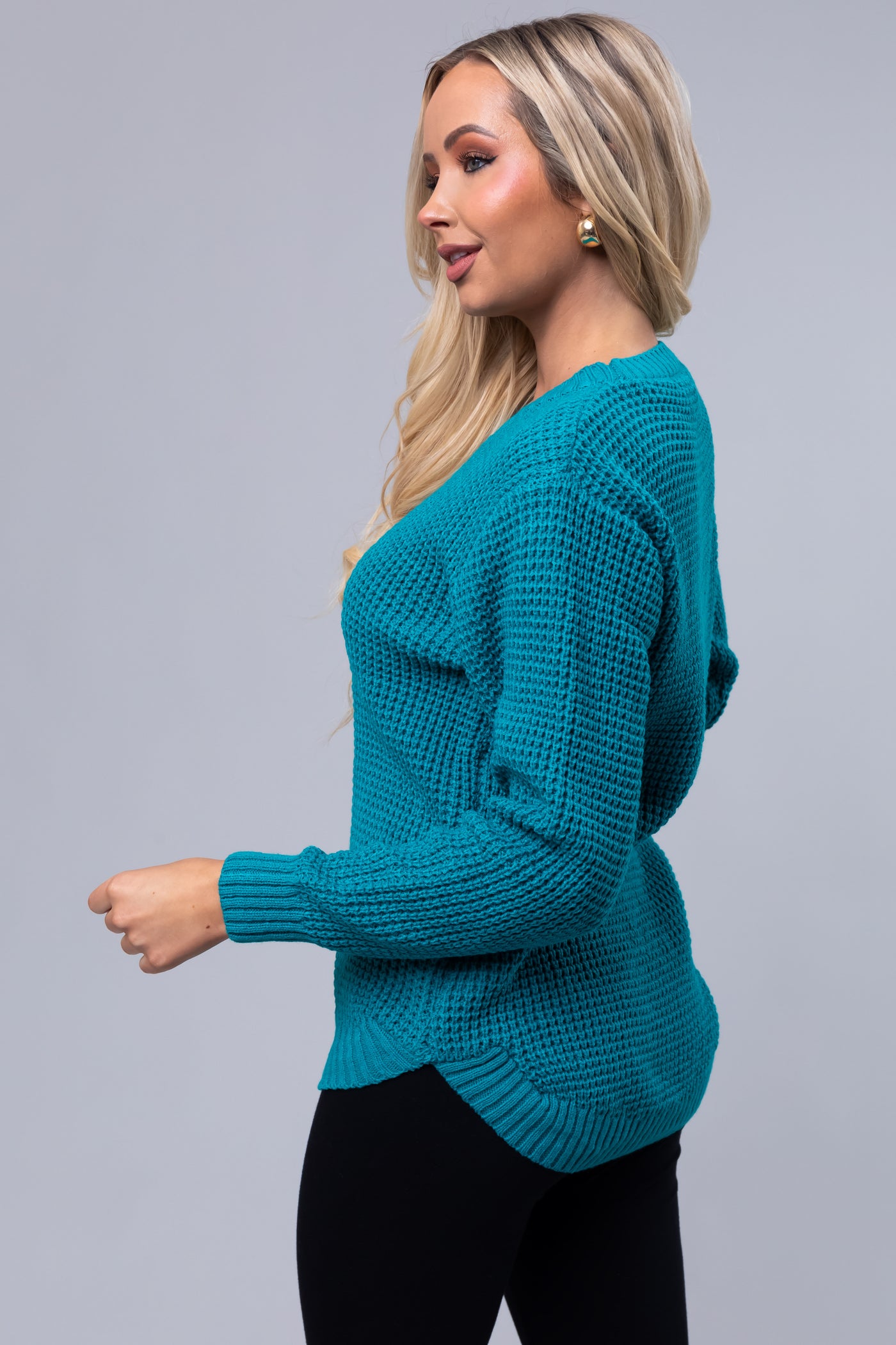 Deep Teal Thick Waffle Knit Curved Hem Sweater