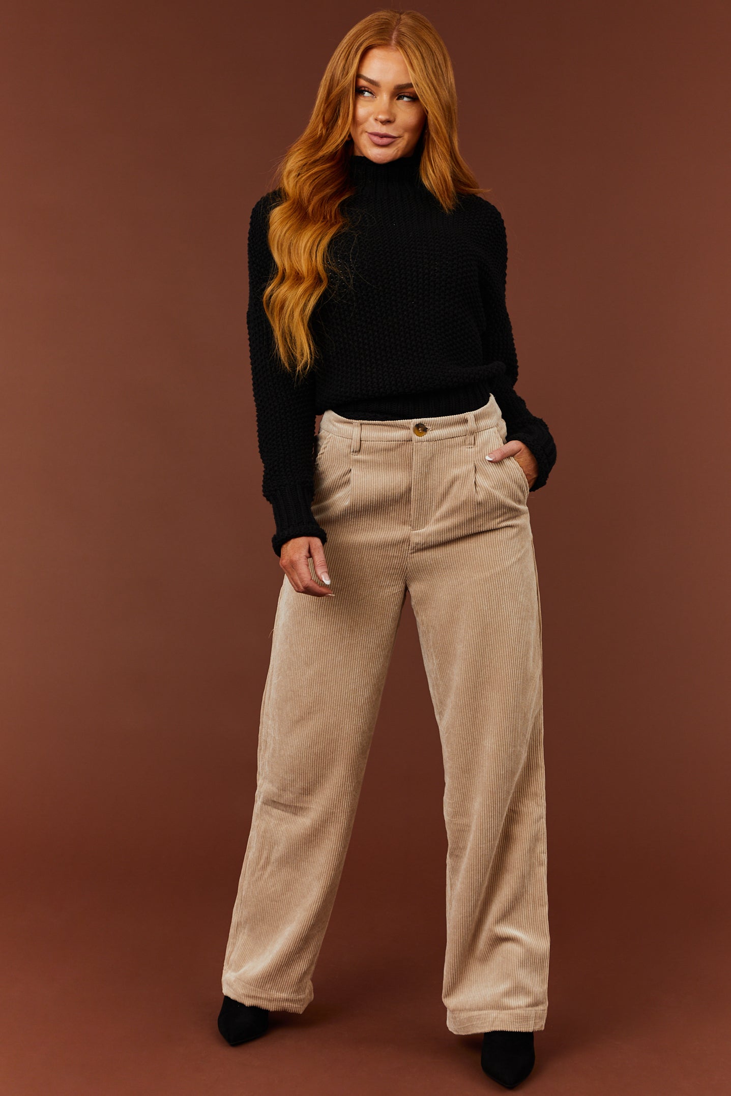 Umgee Pleated Detail Elastic Waist Band & Wide Leg Pants in Desert