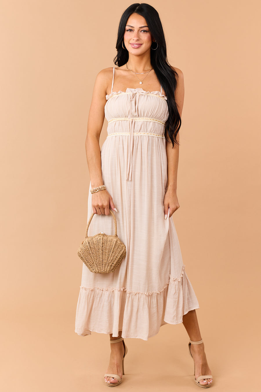 Desert Sand Lace Trim Sleeveless Maxi Dress