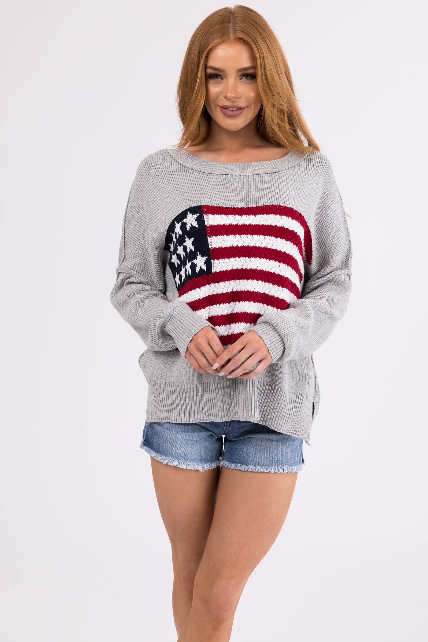 Dove Grey American Flag Crochet Knit Sweater