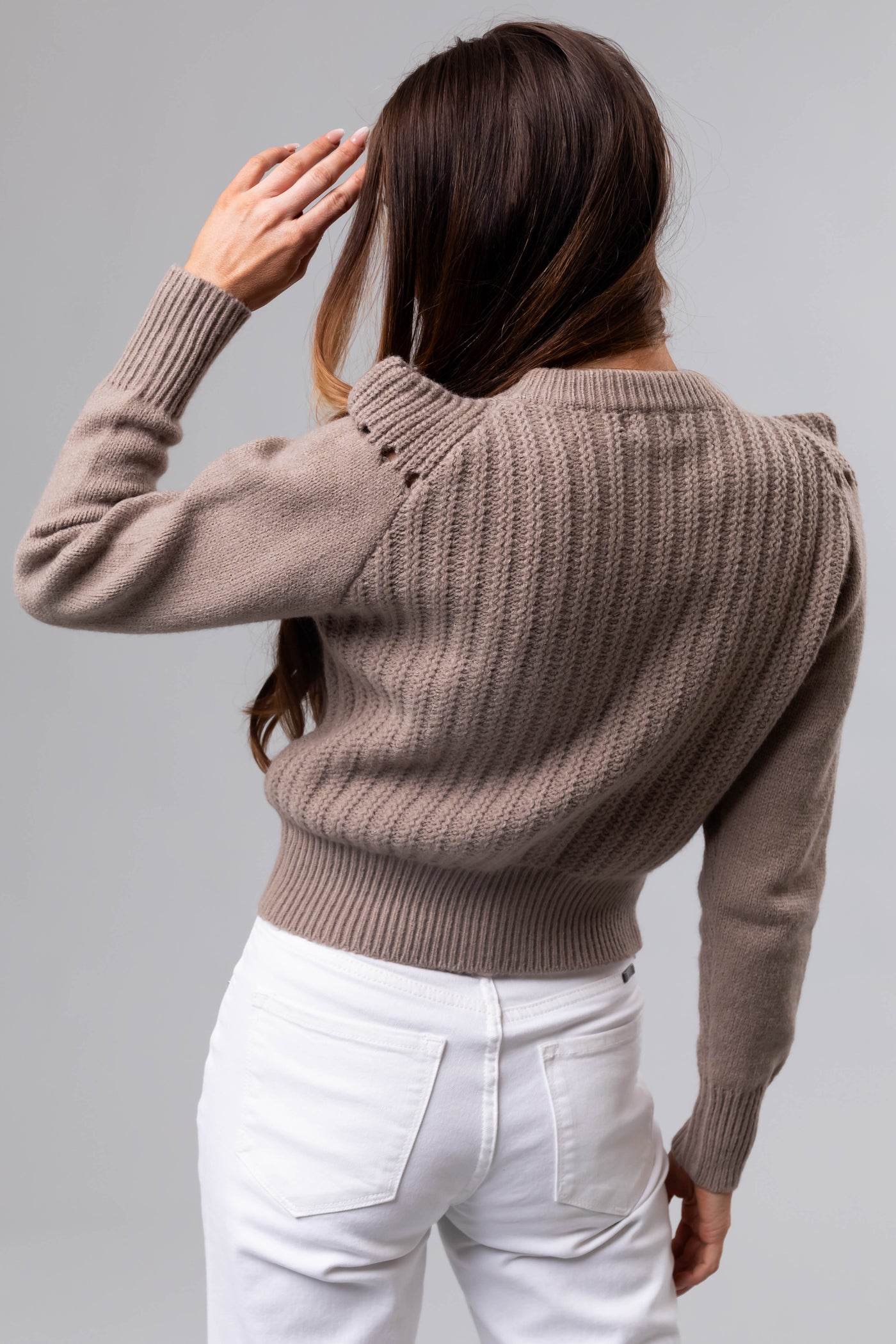 Dusty Walnut Pleated Shoulder Knit Sweater