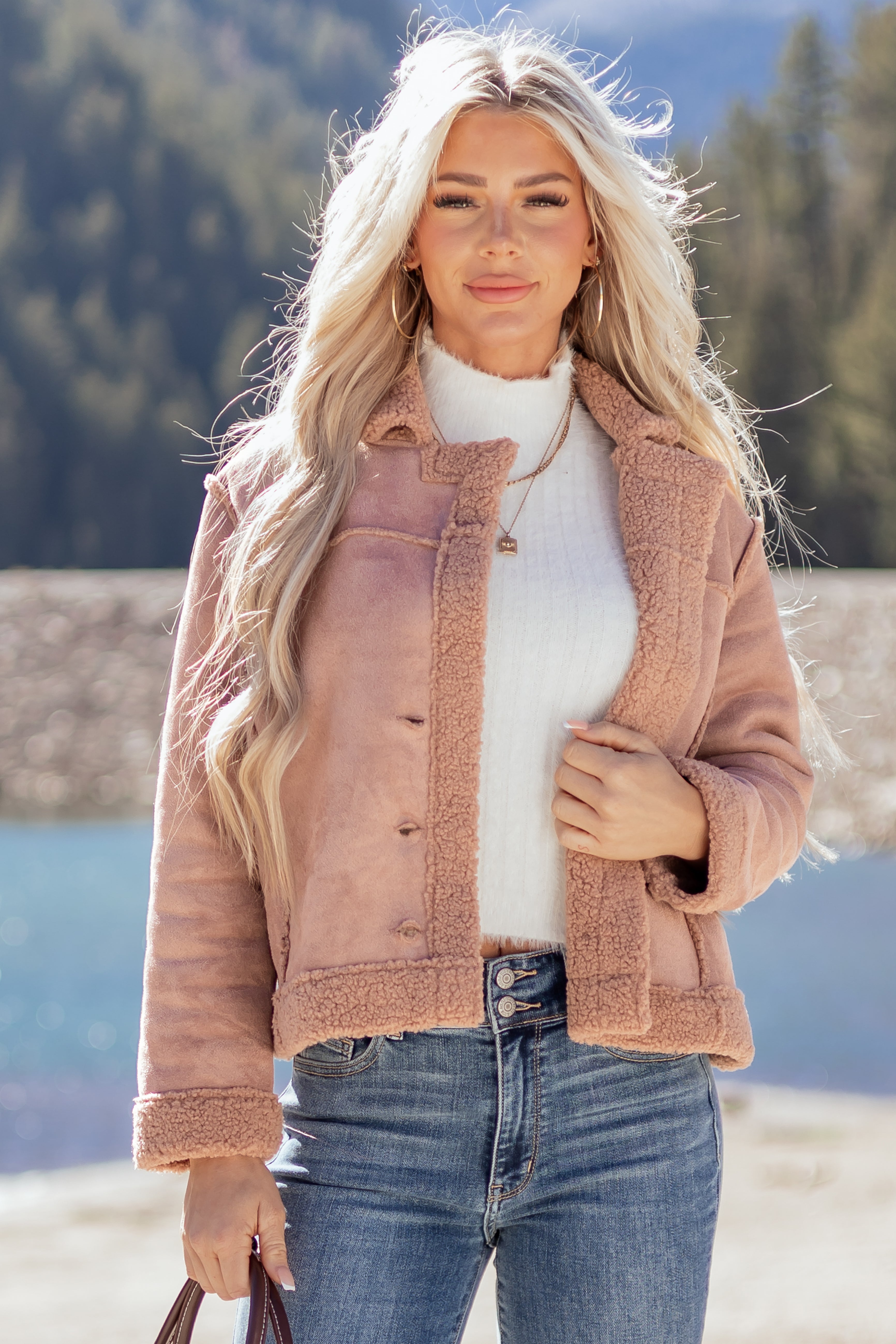 Dusty Rose Faux Suede Sherpa Lined Jacket | Lime Lush Boutique