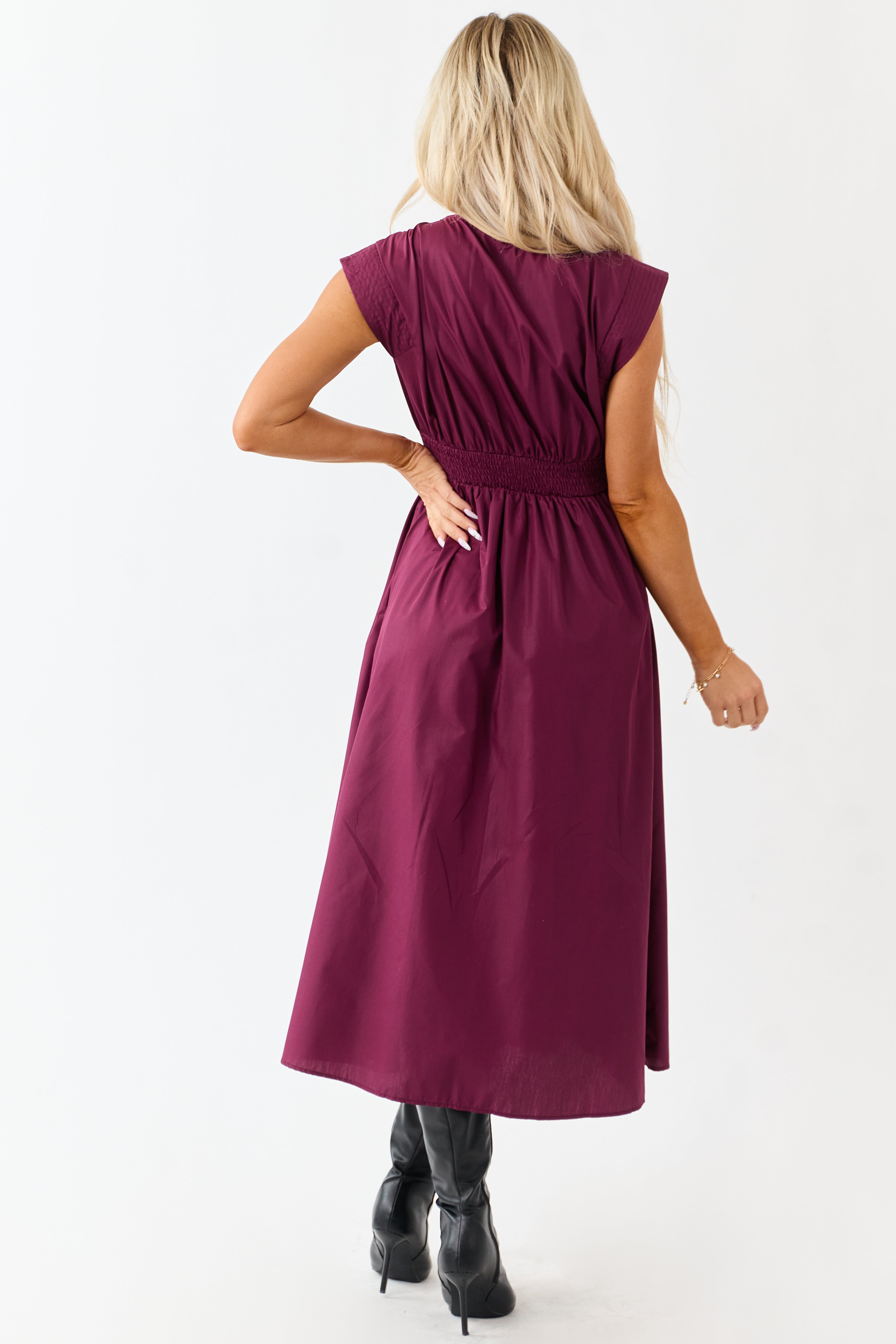 Entro Boysenberry Zip Up Cap Sleeve Midi Dress