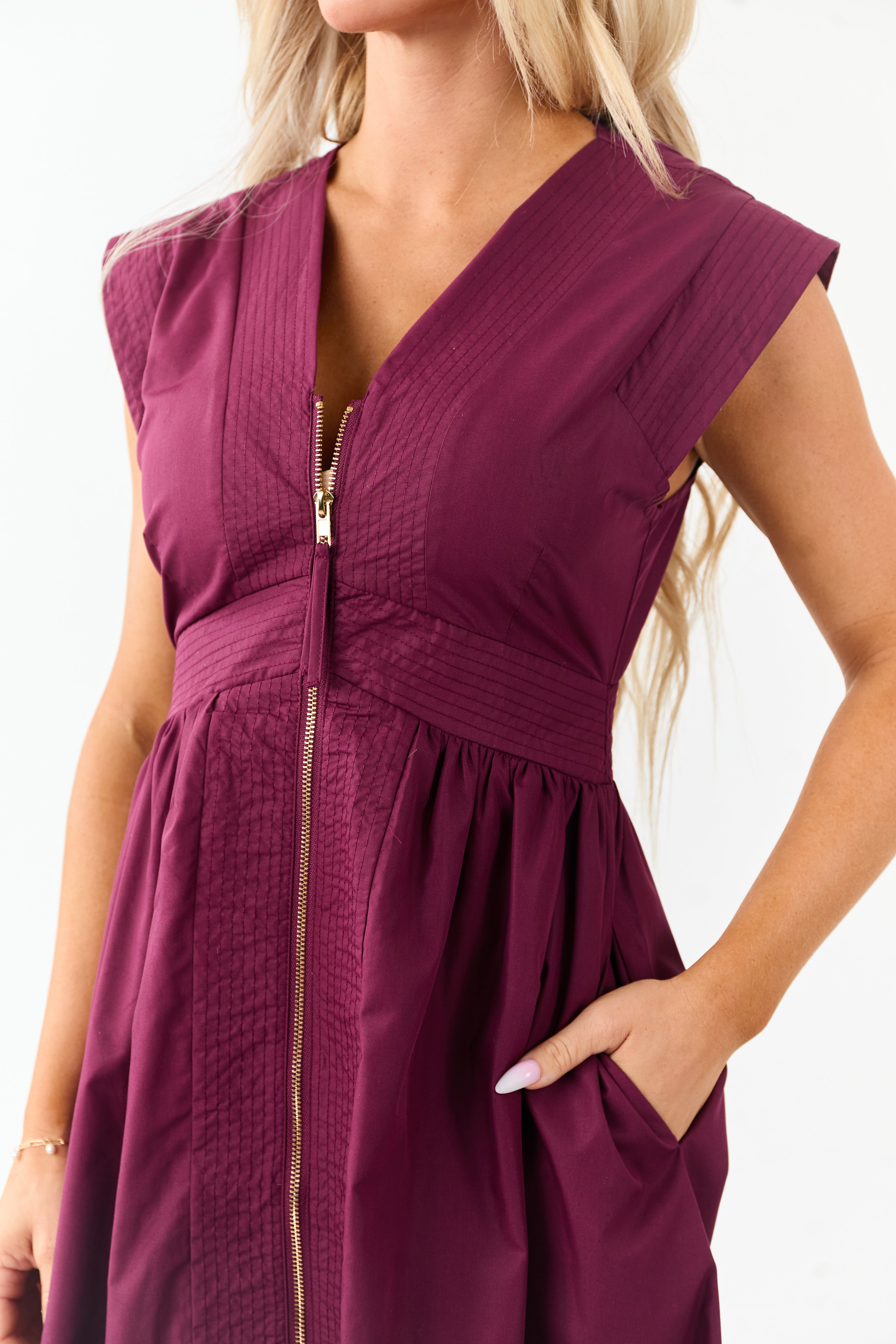 Entro Boysenberry Zip Up Cap Sleeve Midi Dress