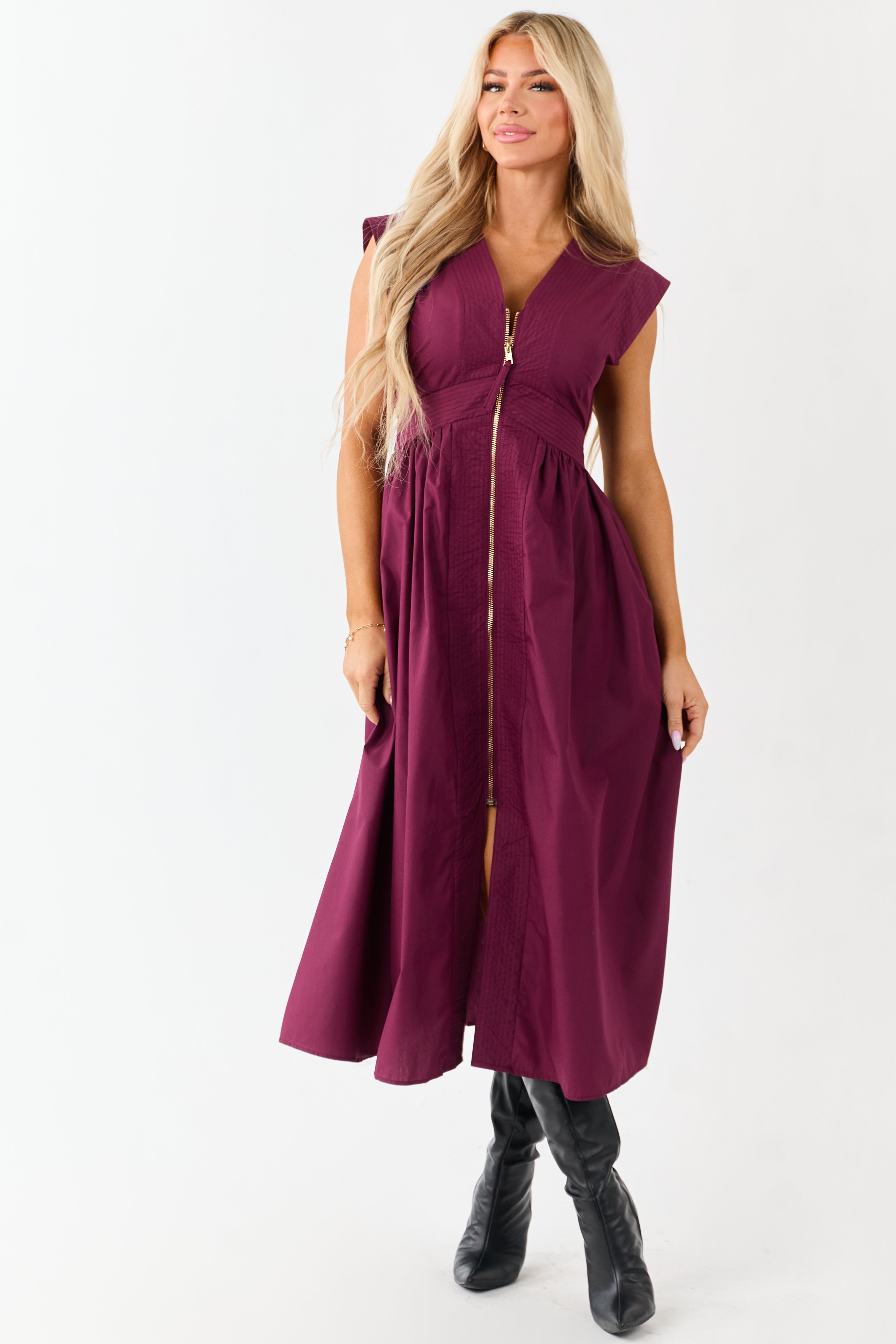 Entro Boysenberry Zip Up Cap Sleeve Midi Dress