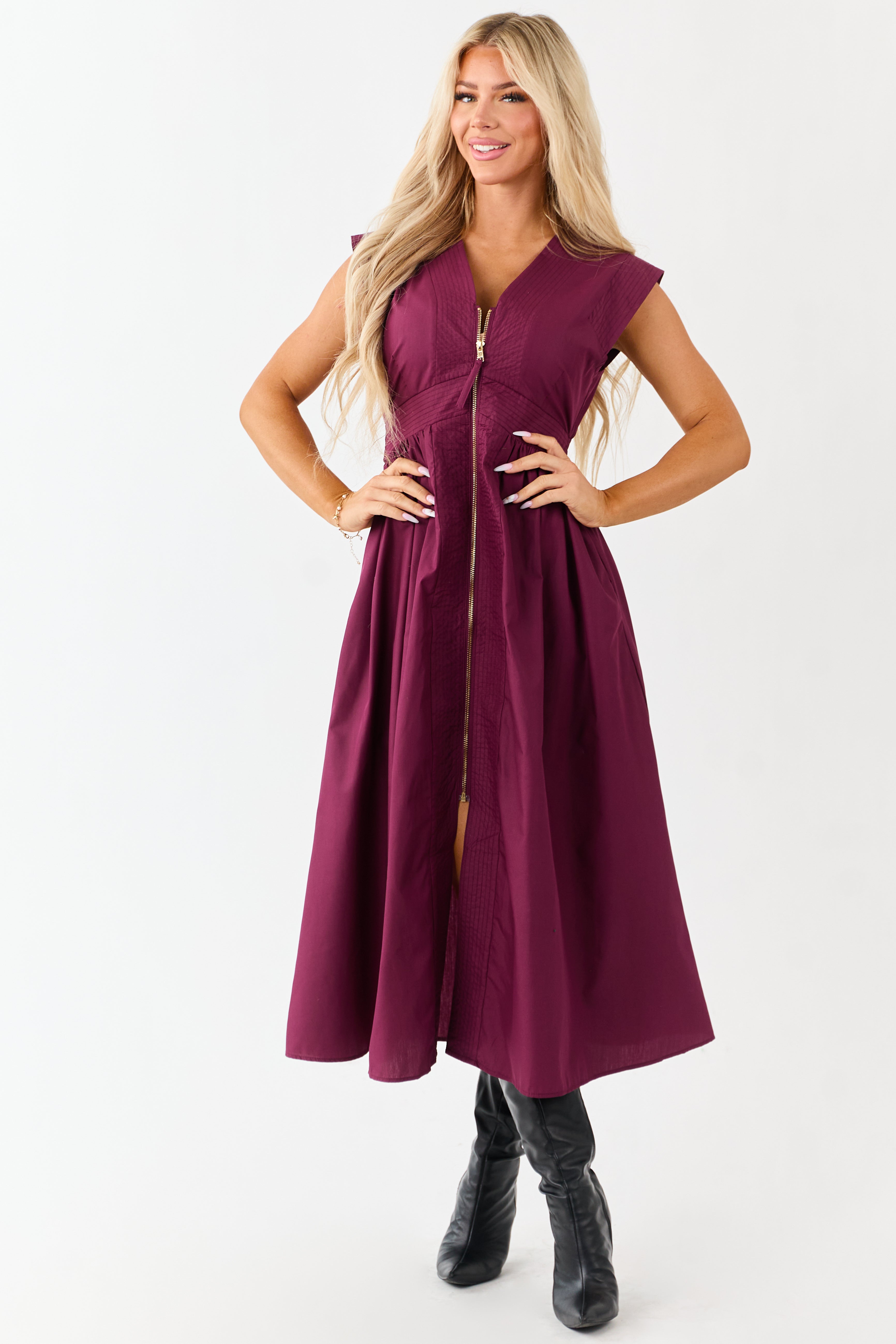 Entro Boysenberry Zip Up Cap Sleeve Midi Dress