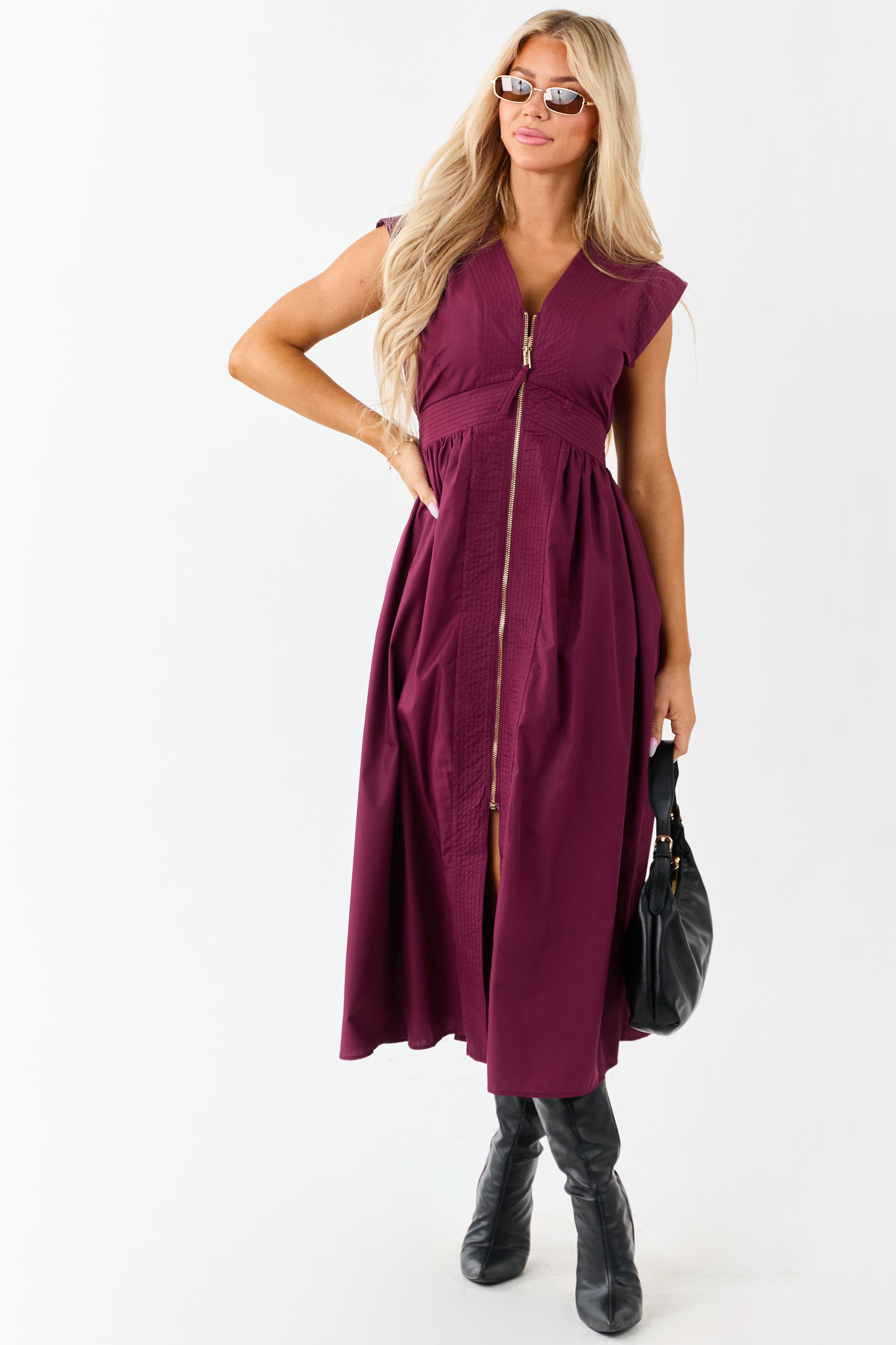 Entro Boysenberry Zip Up Cap Sleeve Midi Dress