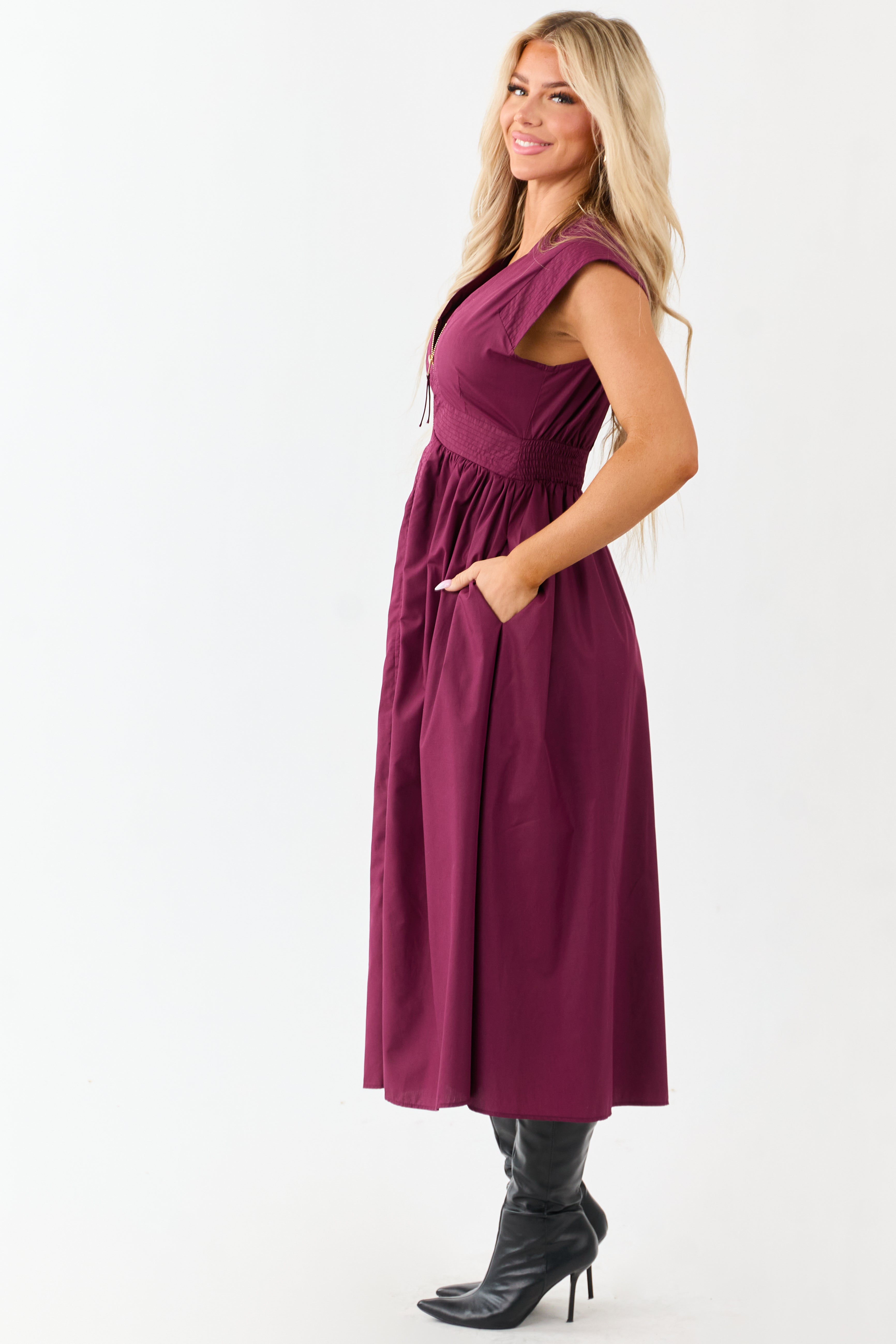Entro Boysenberry Zip Up Cap Sleeve Midi Dress