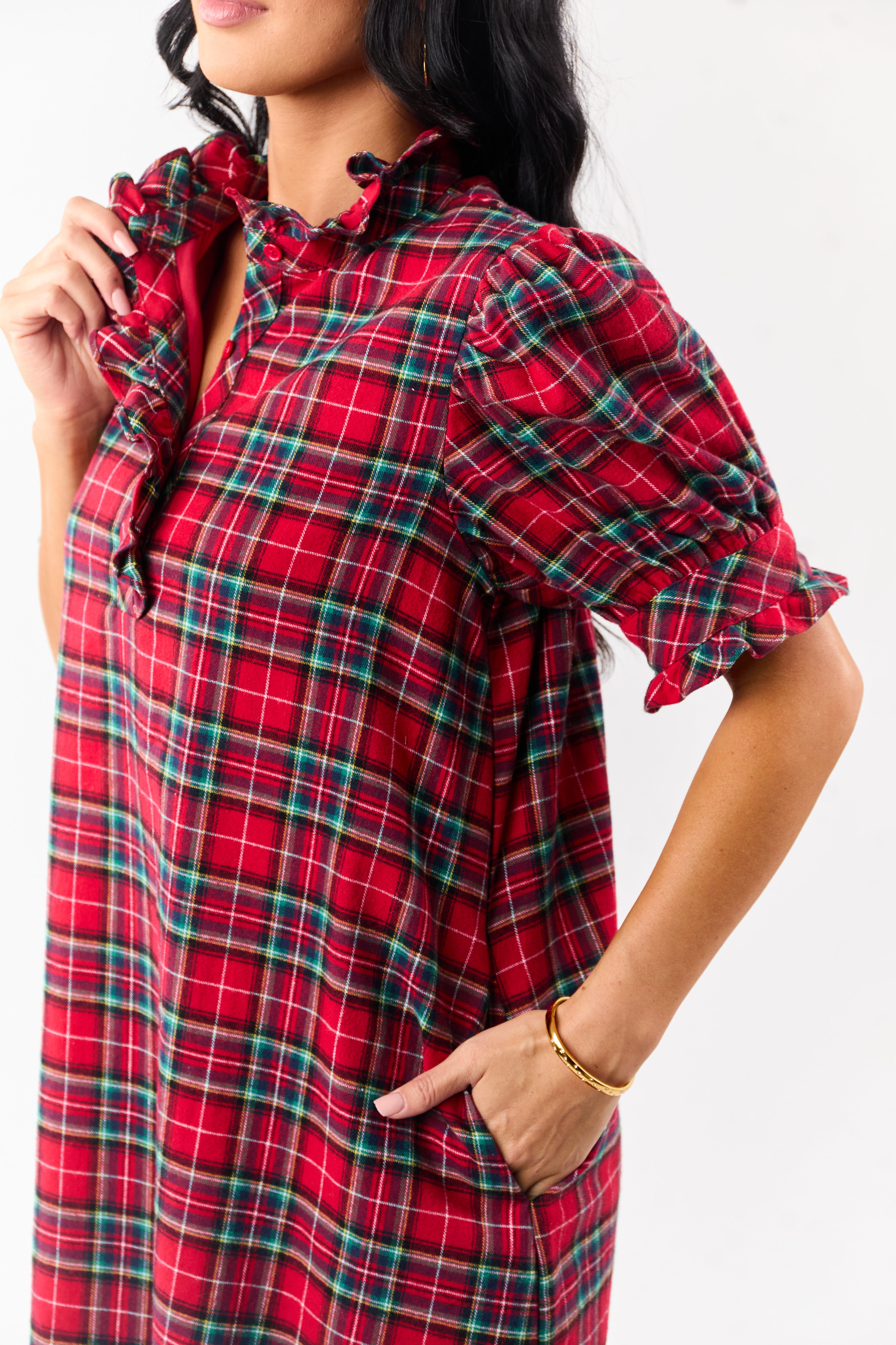Entro Pomegranate Cotton Plaid Mini Shift Dress