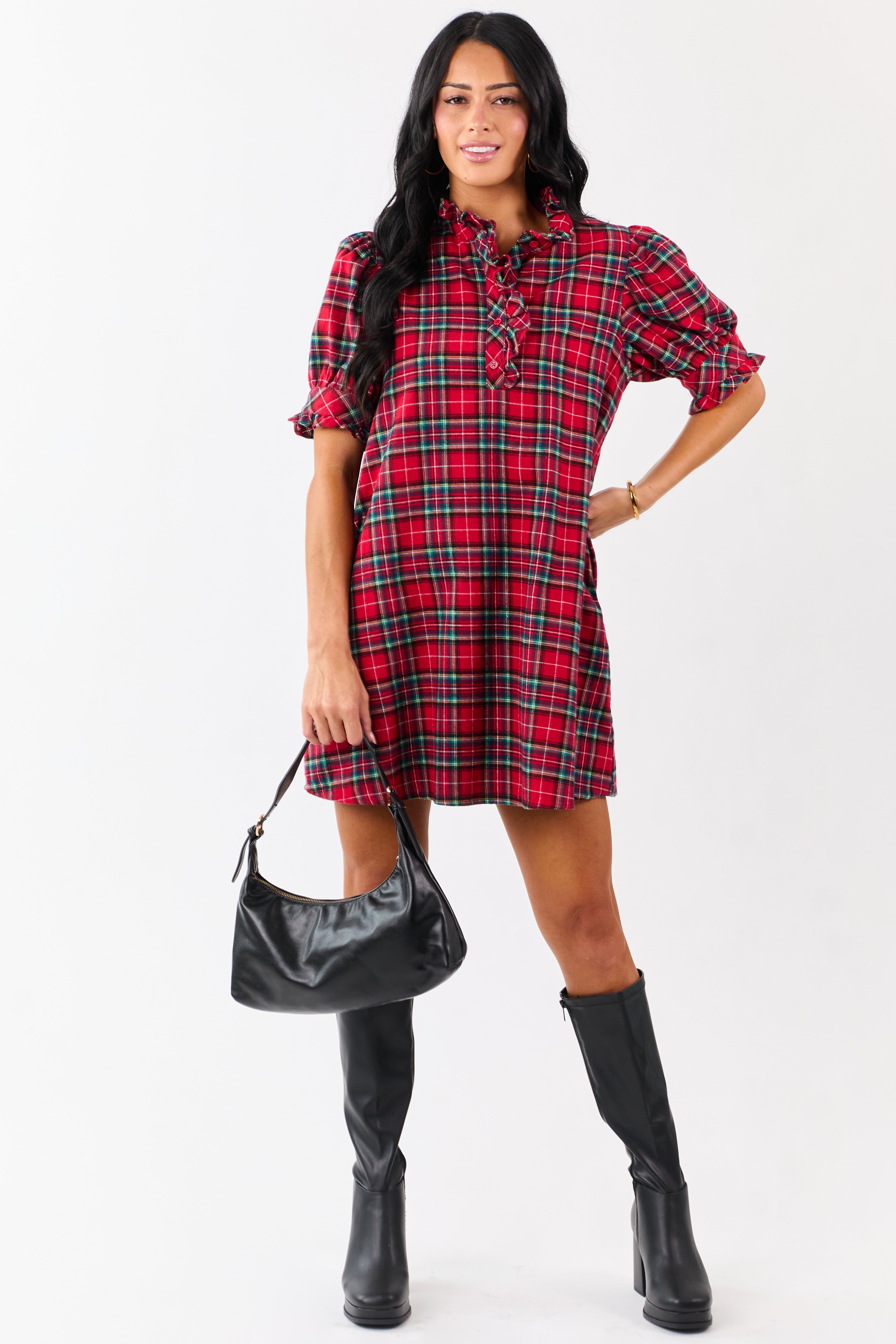 Entro Pomegranate Cotton Plaid Mini Shift Dress