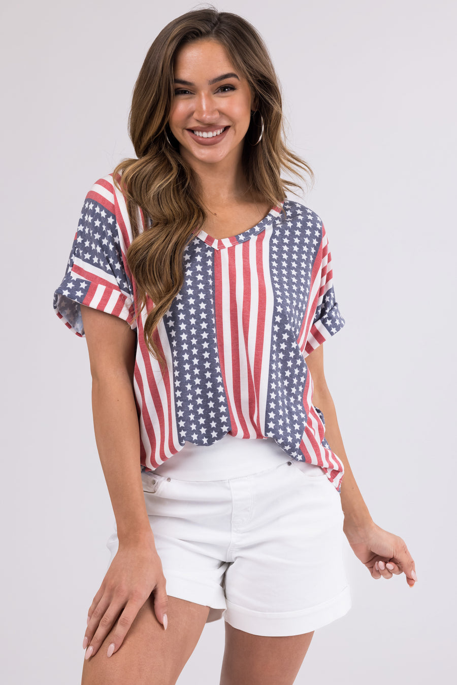 Faded Stars and Stripes V Neck Cuffed Tee Shirt
