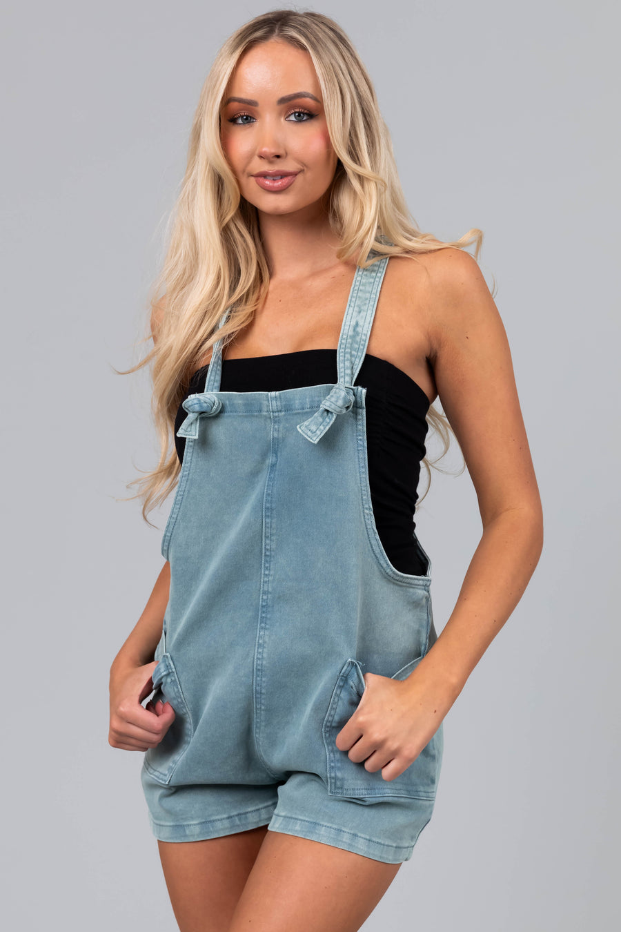 Faded Teal Knotted Straps Denim Romper