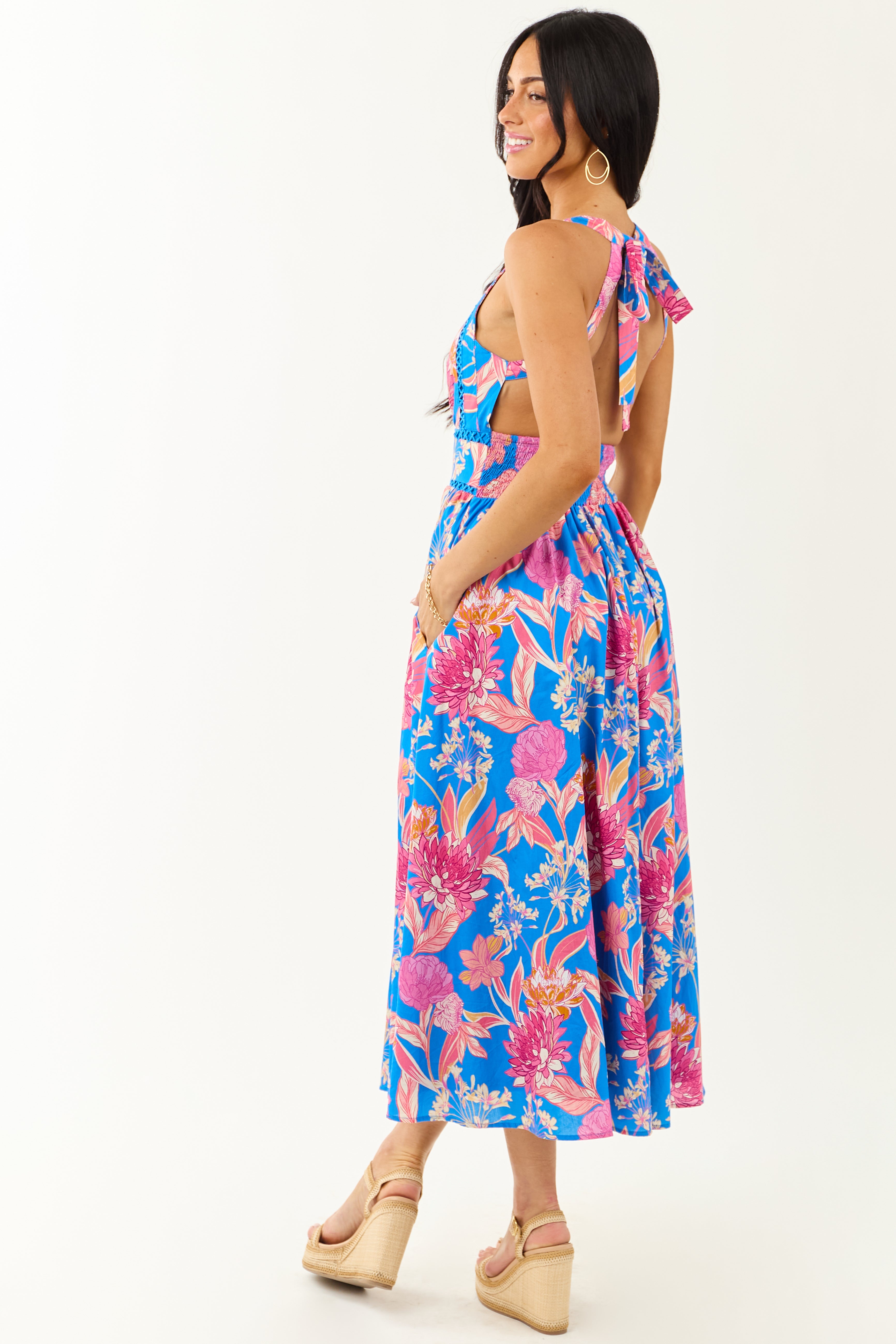 Flying Tomato Azure Floral Cotton Halter Midi Dress