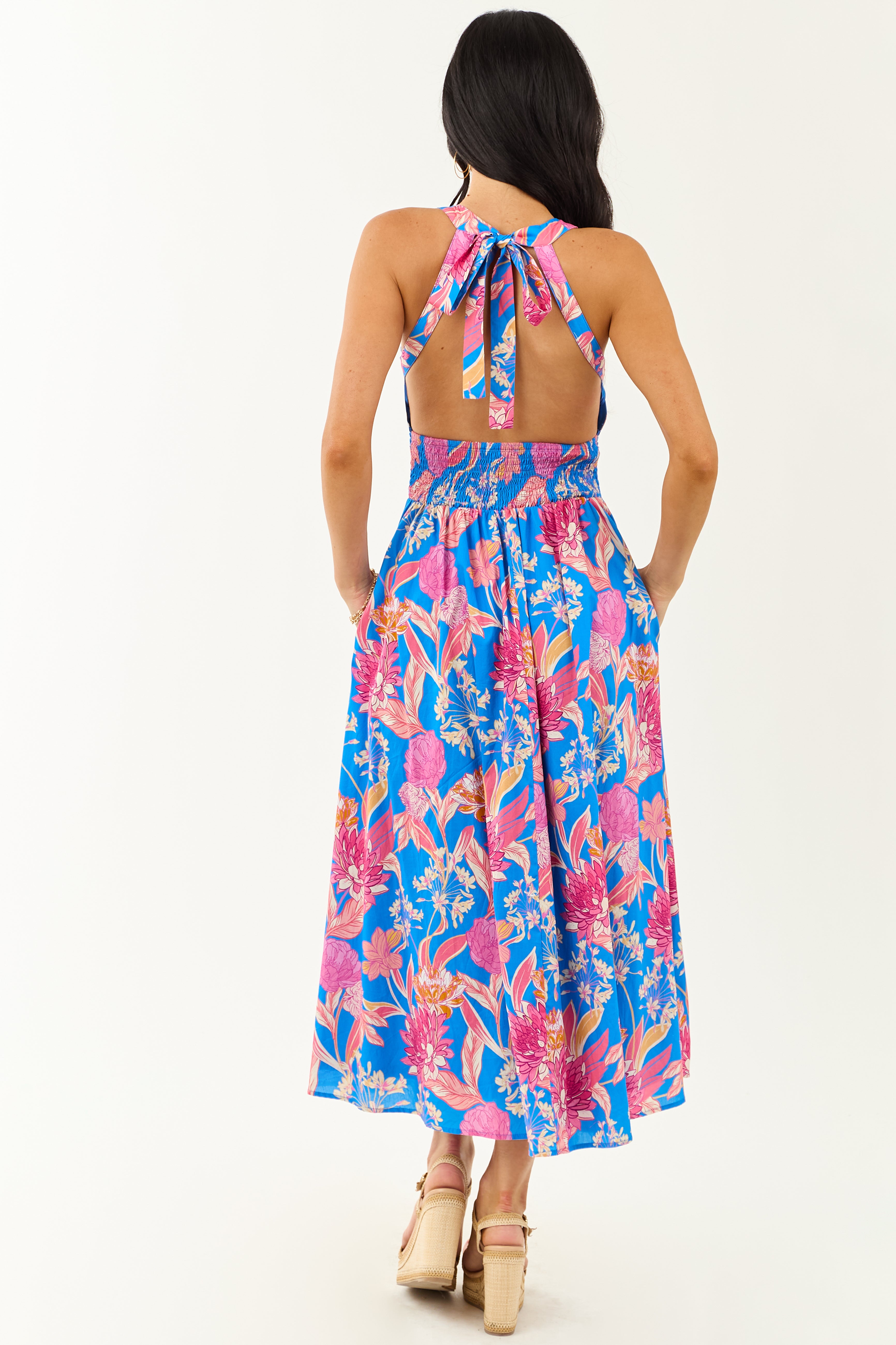 Flying Tomato Azure Floral Cotton Halter Midi Dress