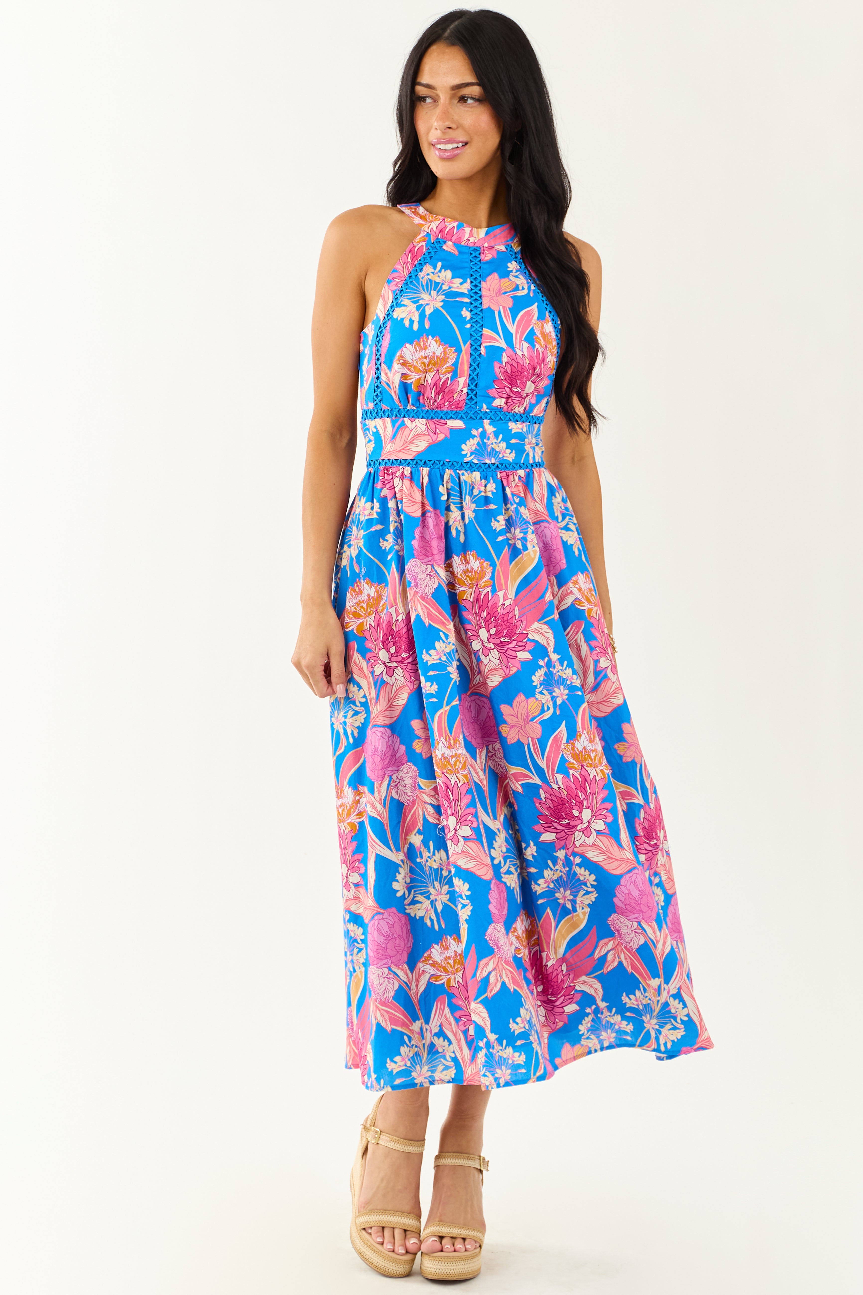Flying Tomato Azure Floral Cotton Halter Midi Dress