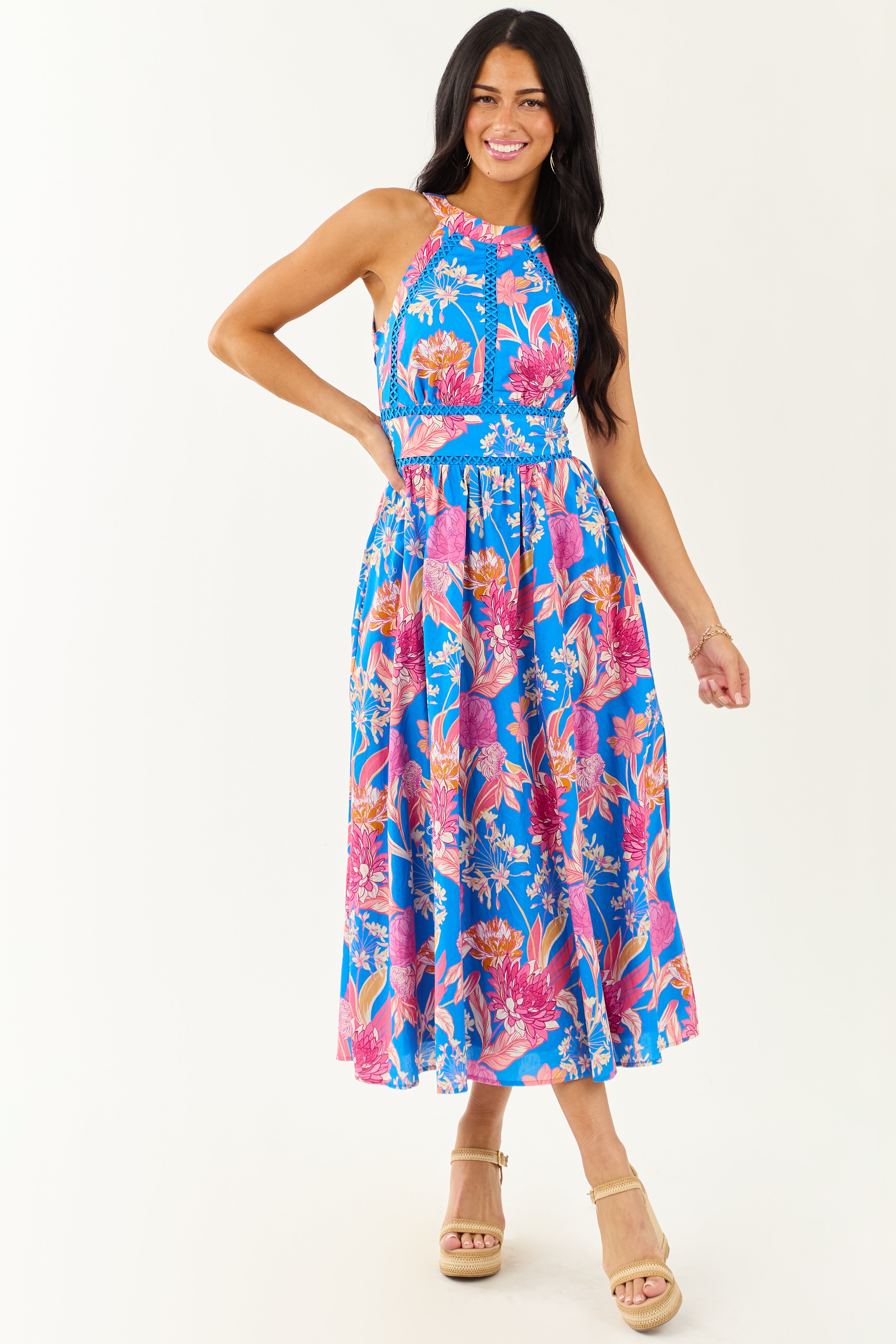 Flying Tomato Azure Floral Cotton Halter Midi Dress