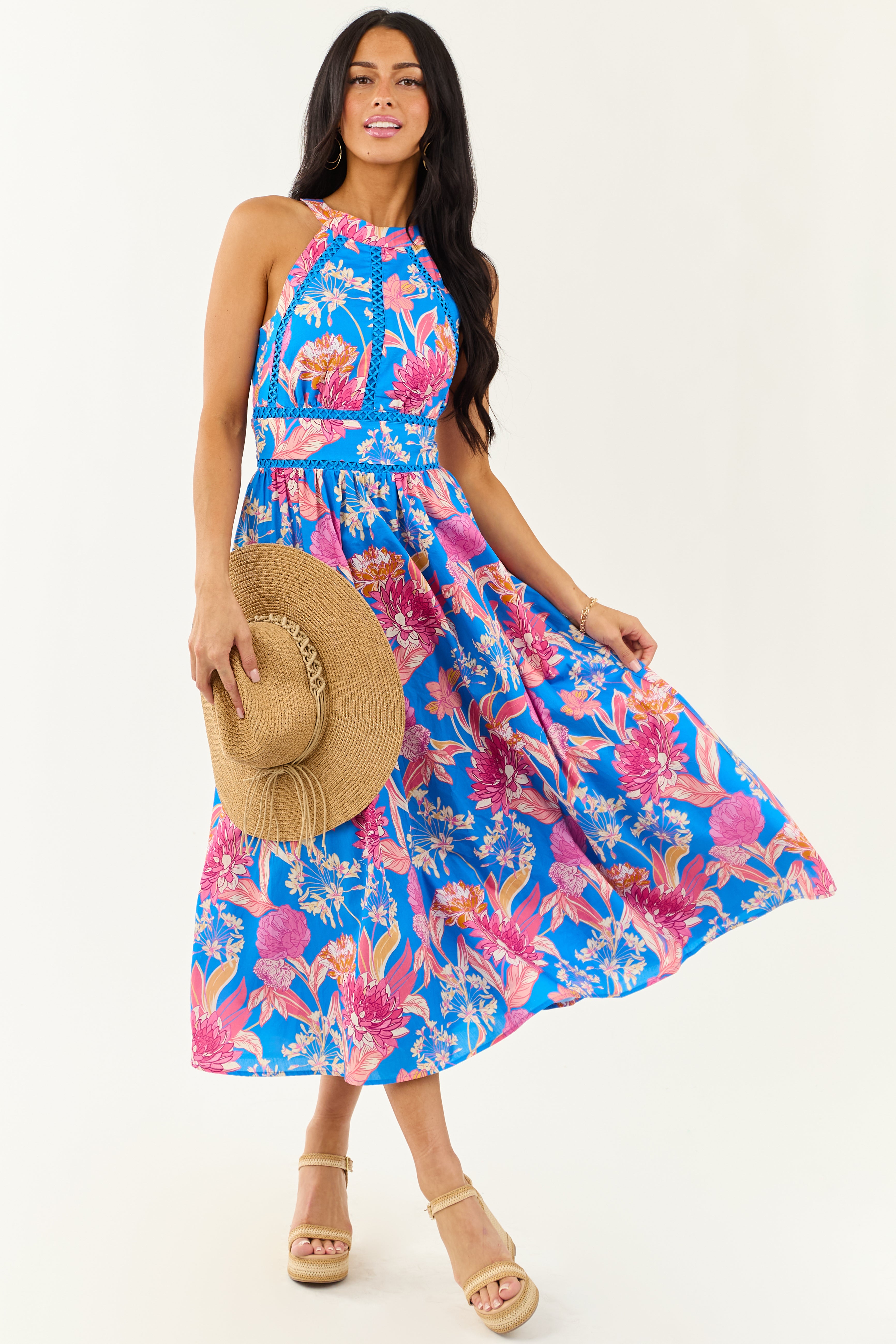 Flying Tomato Azure Floral Cotton Halter Midi Dress
