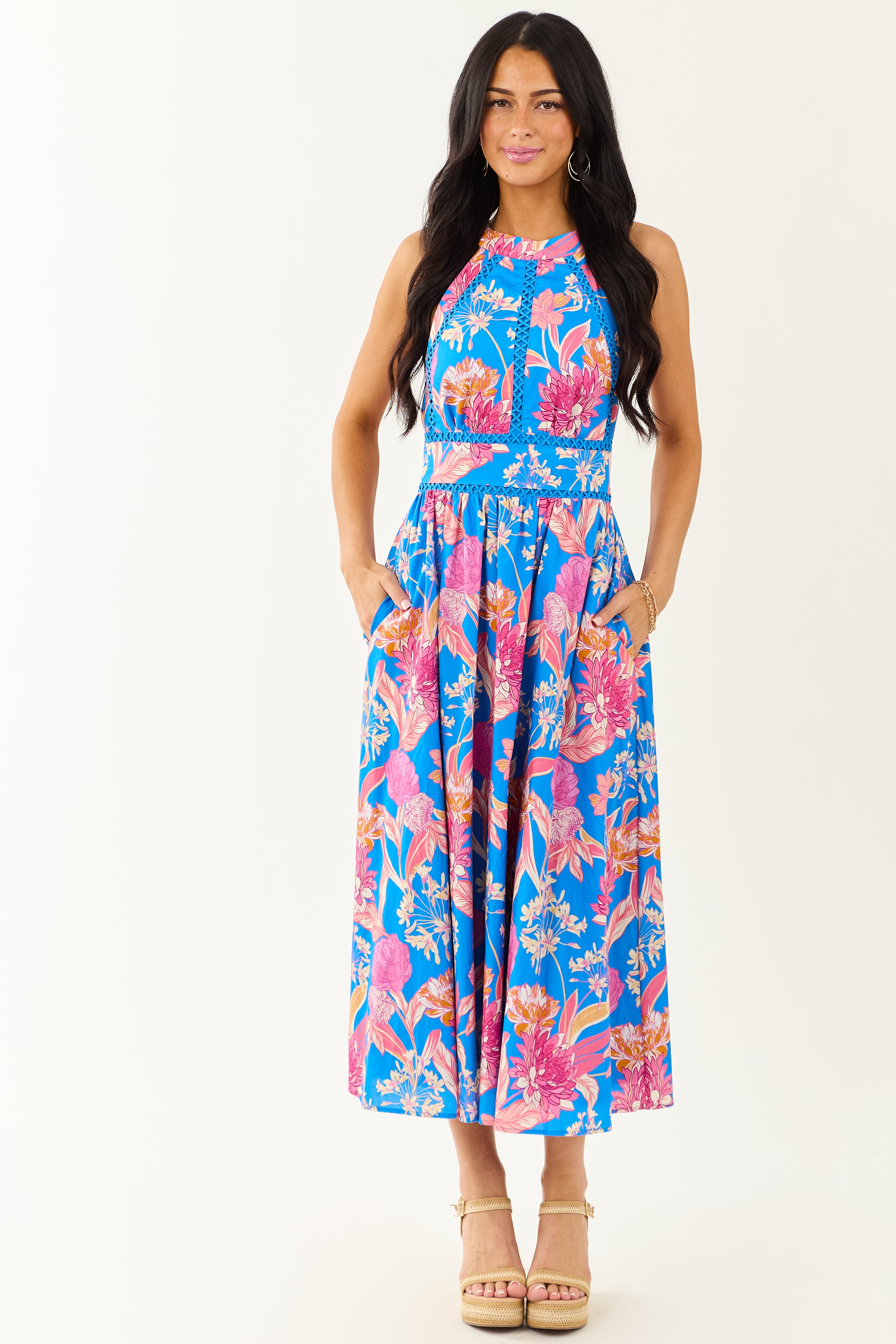 Flying Tomato Azure Floral Cotton Halter Midi Dress
